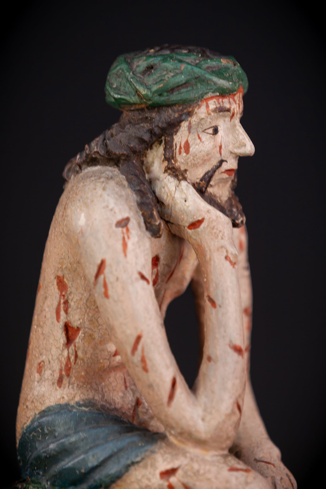 Pensive Christ Wooden Sculpture | 1700s Antique | 9.4" / 24 cm