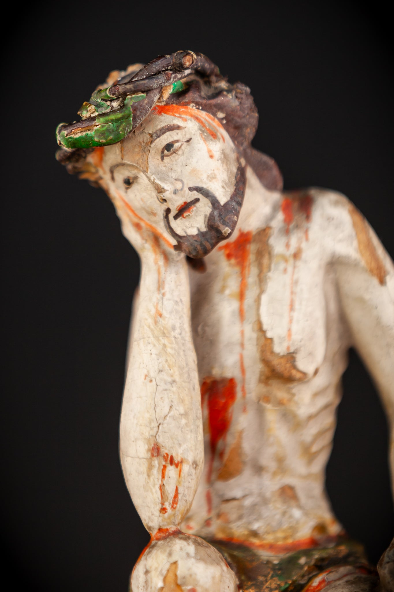Pensive Christ Wooden Sculpture | Antique 1700s | 7.7" / 19.5 cm