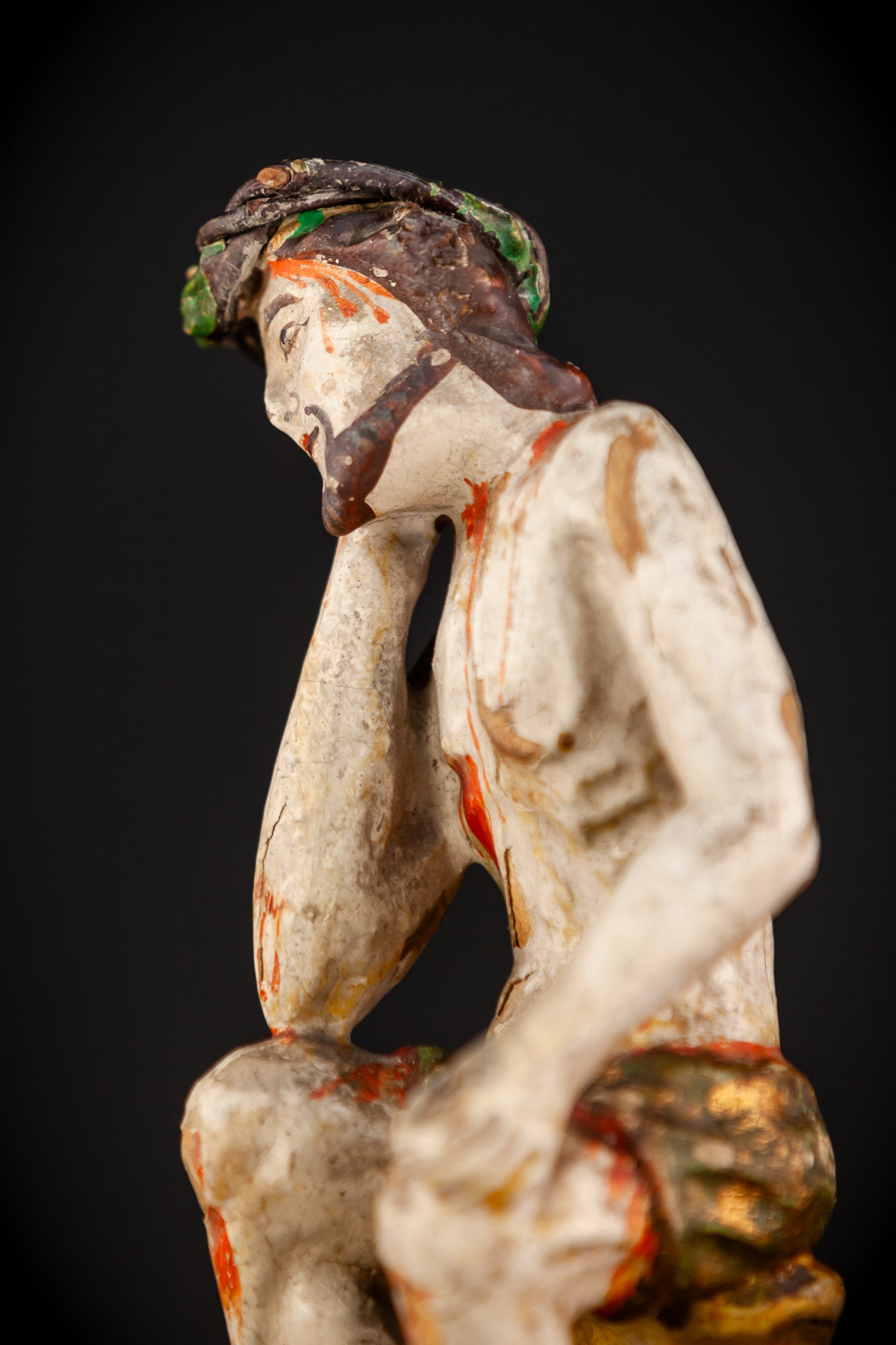Pensive Christ Wooden Sculpture | Antique 1700s | 7.7" / 19.5 cm