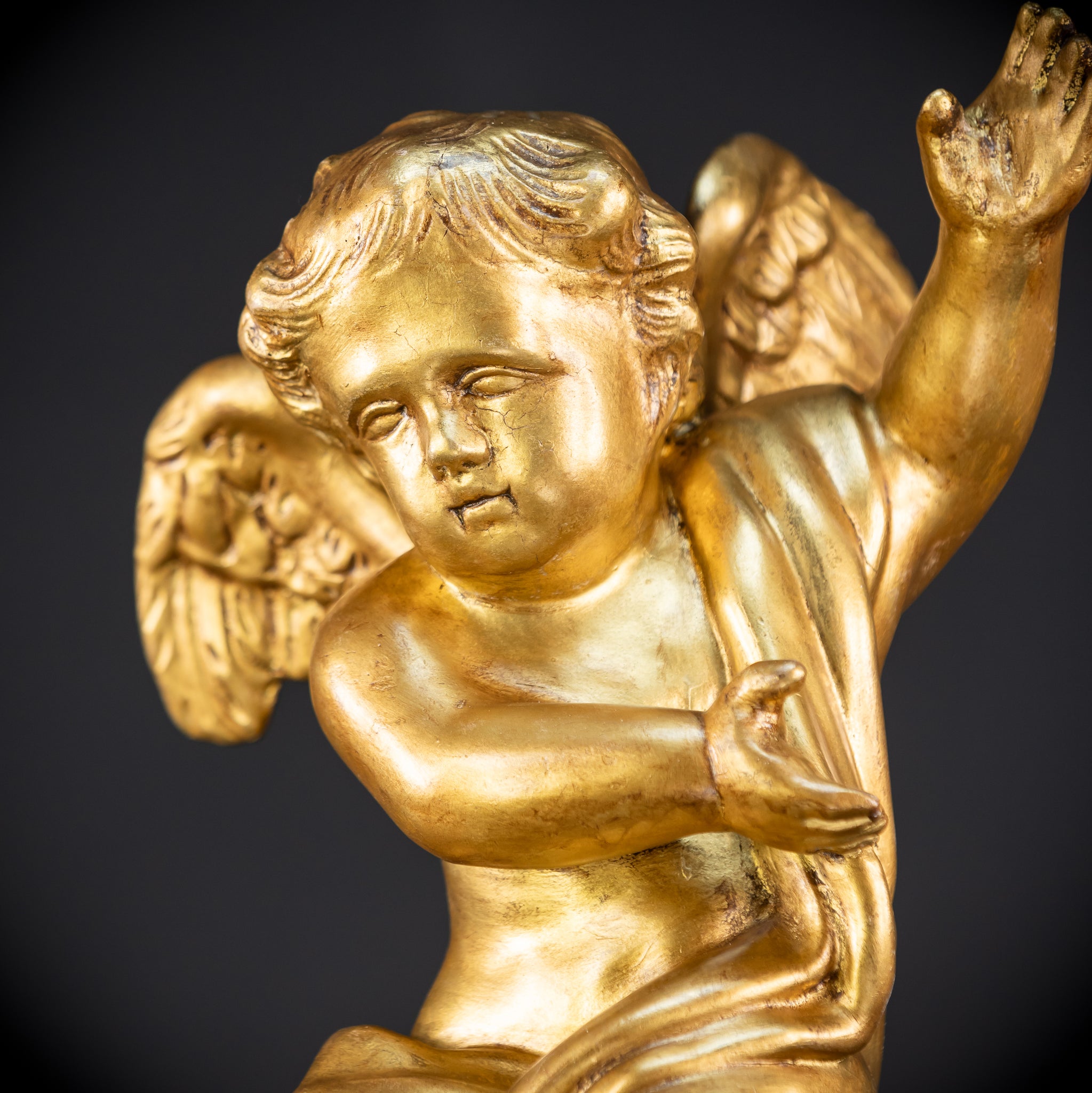 Angel Sculpture A Wood Carved | 1800s Antique | 13.2" / 33.5 cm