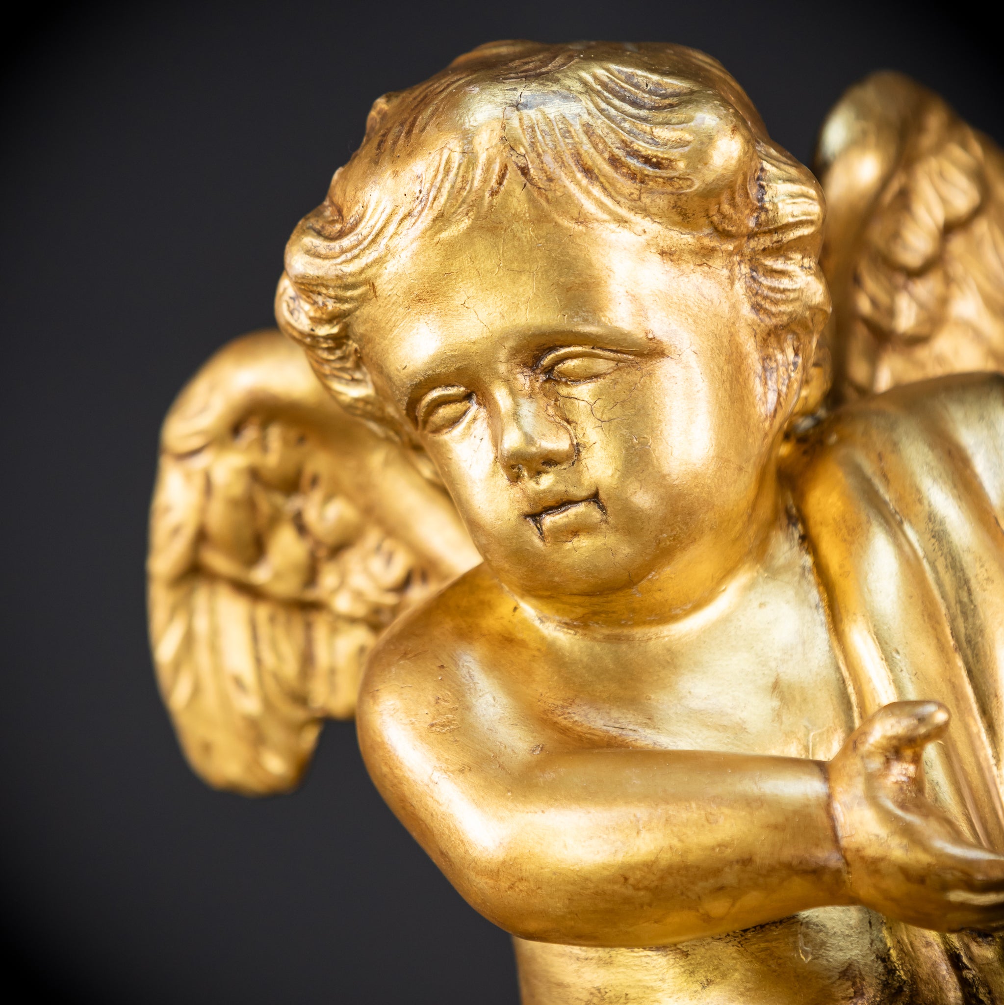 Angel Sculpture A Wood Carved | 1800s Antique | 13.2" / 33.5 cm
