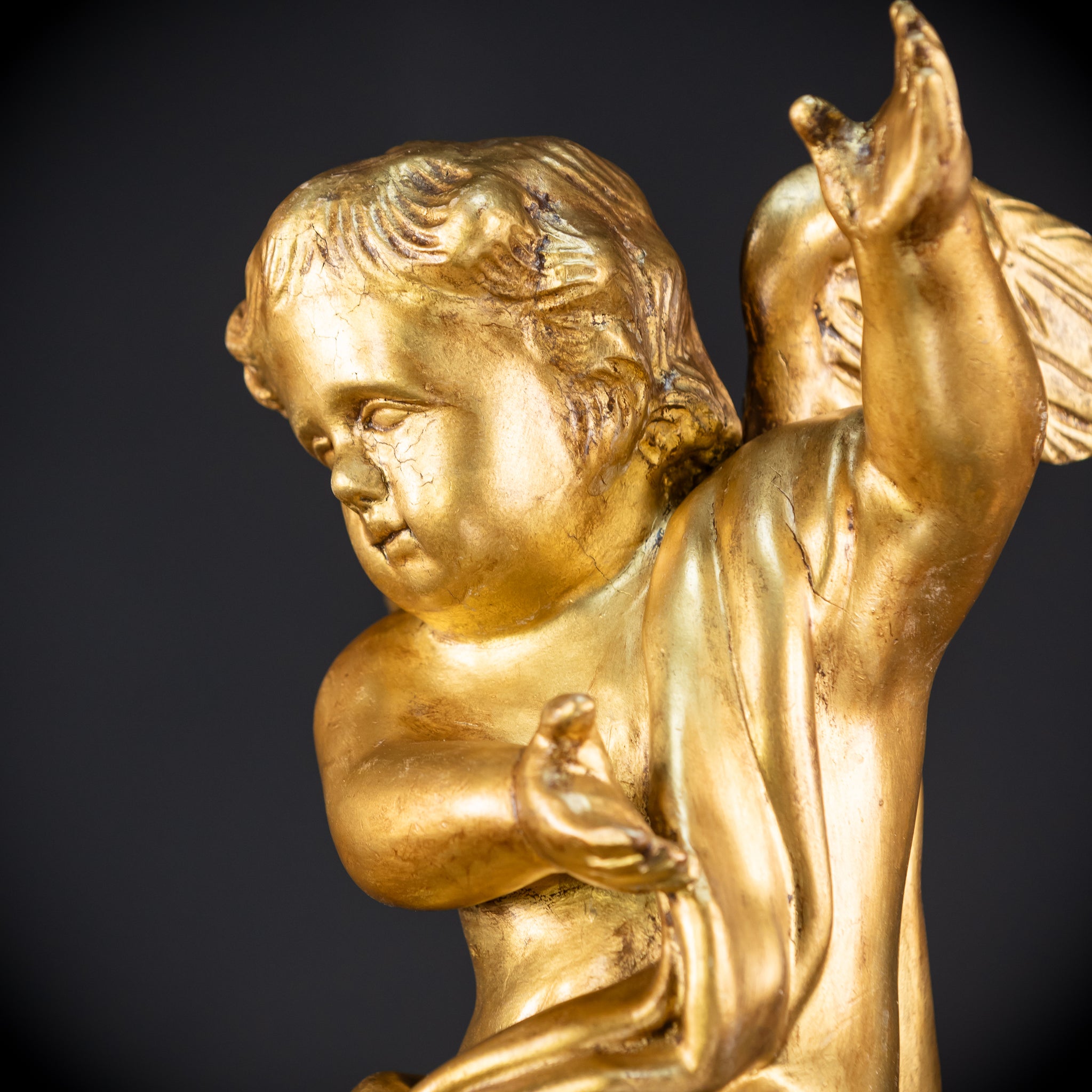 Angel Sculpture A Wood Carved | 1800s Antique | 13.2" / 33.5 cm