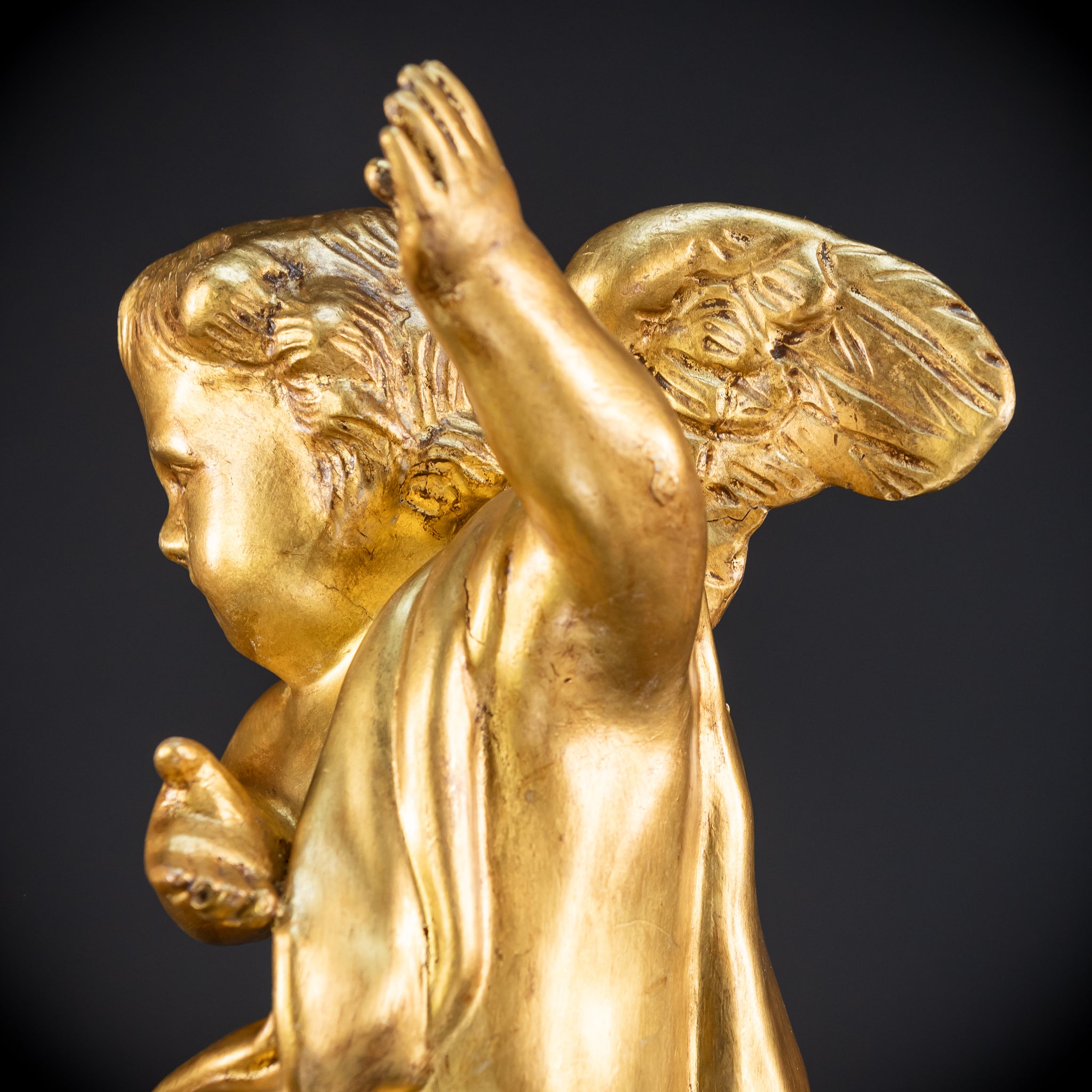 Angel Sculpture A Wood Carved | 1800s Antique | 13.2" / 33.5 cm