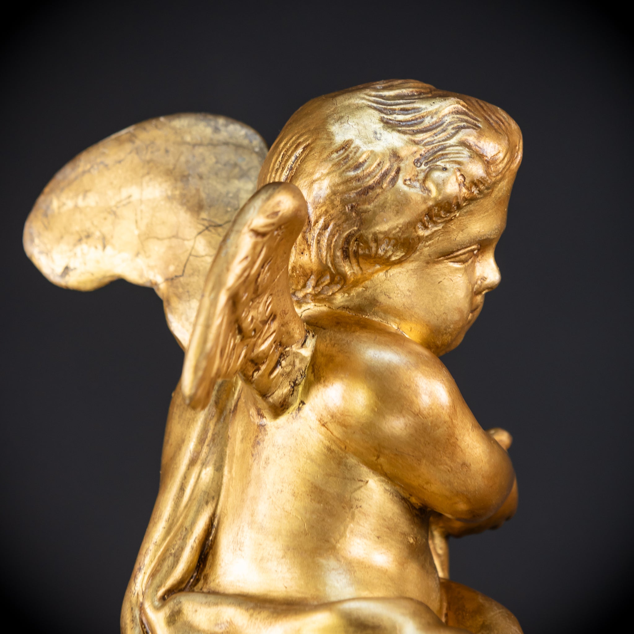 Angel Sculpture A Wood Carved | 1800s Antique | 13.2" / 33.5 cm