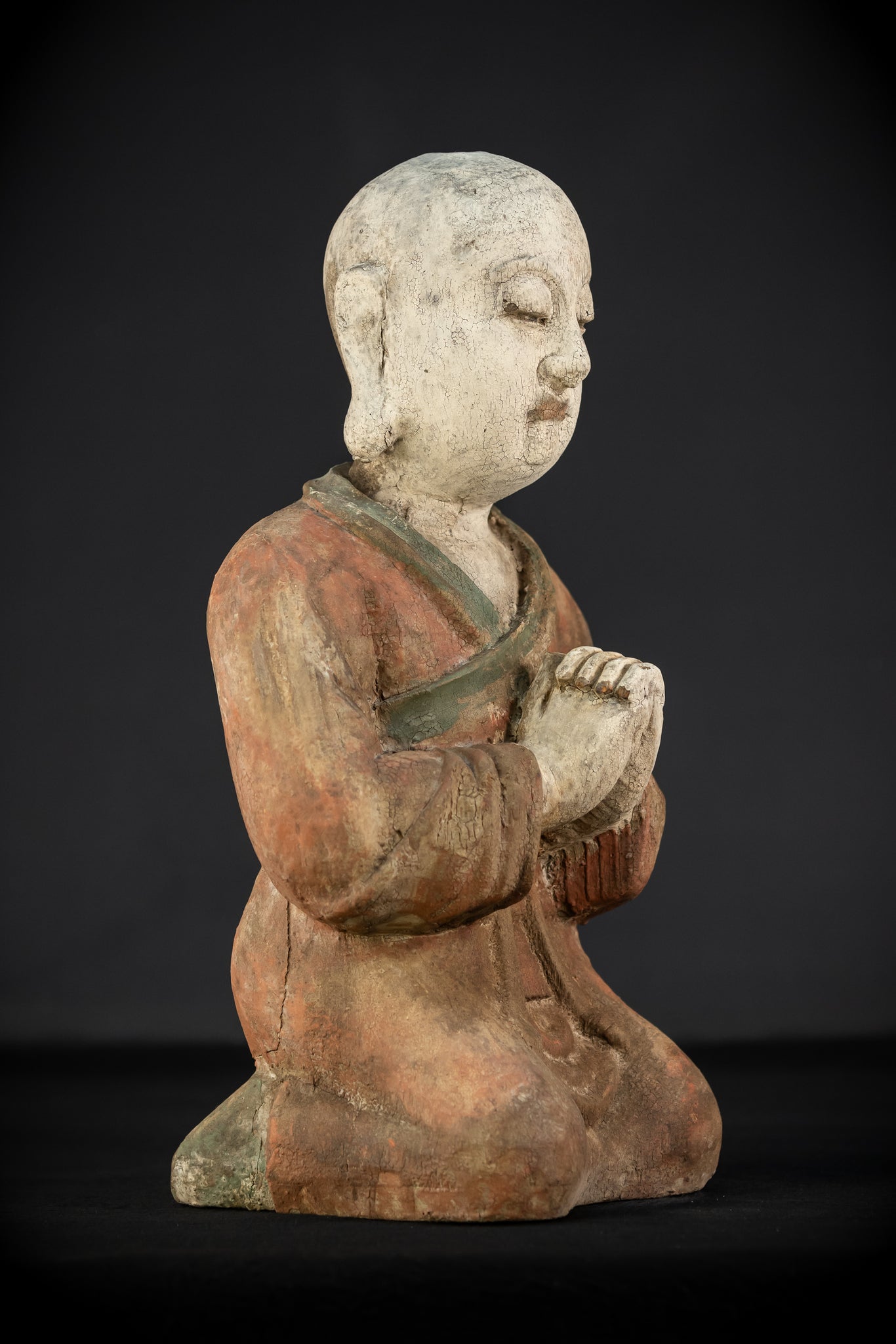 Buddhist Praying Monk Antique Sculpture | 17.5"