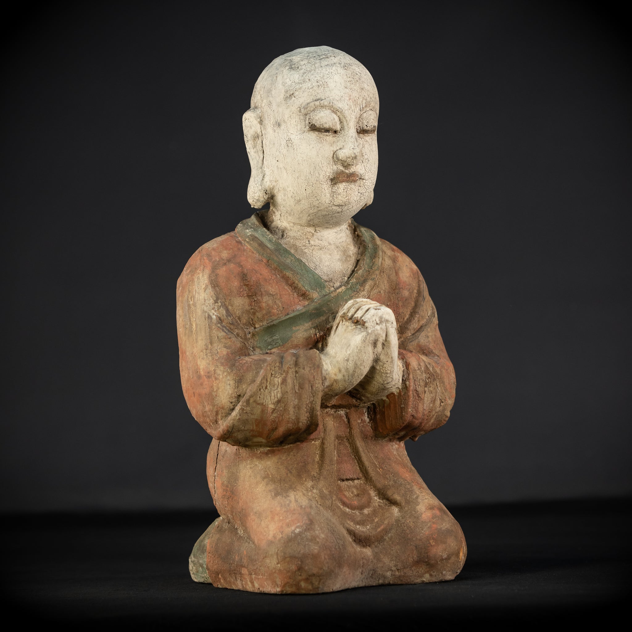Buddhist Praying Monk Antique Sculpture | 17.5"