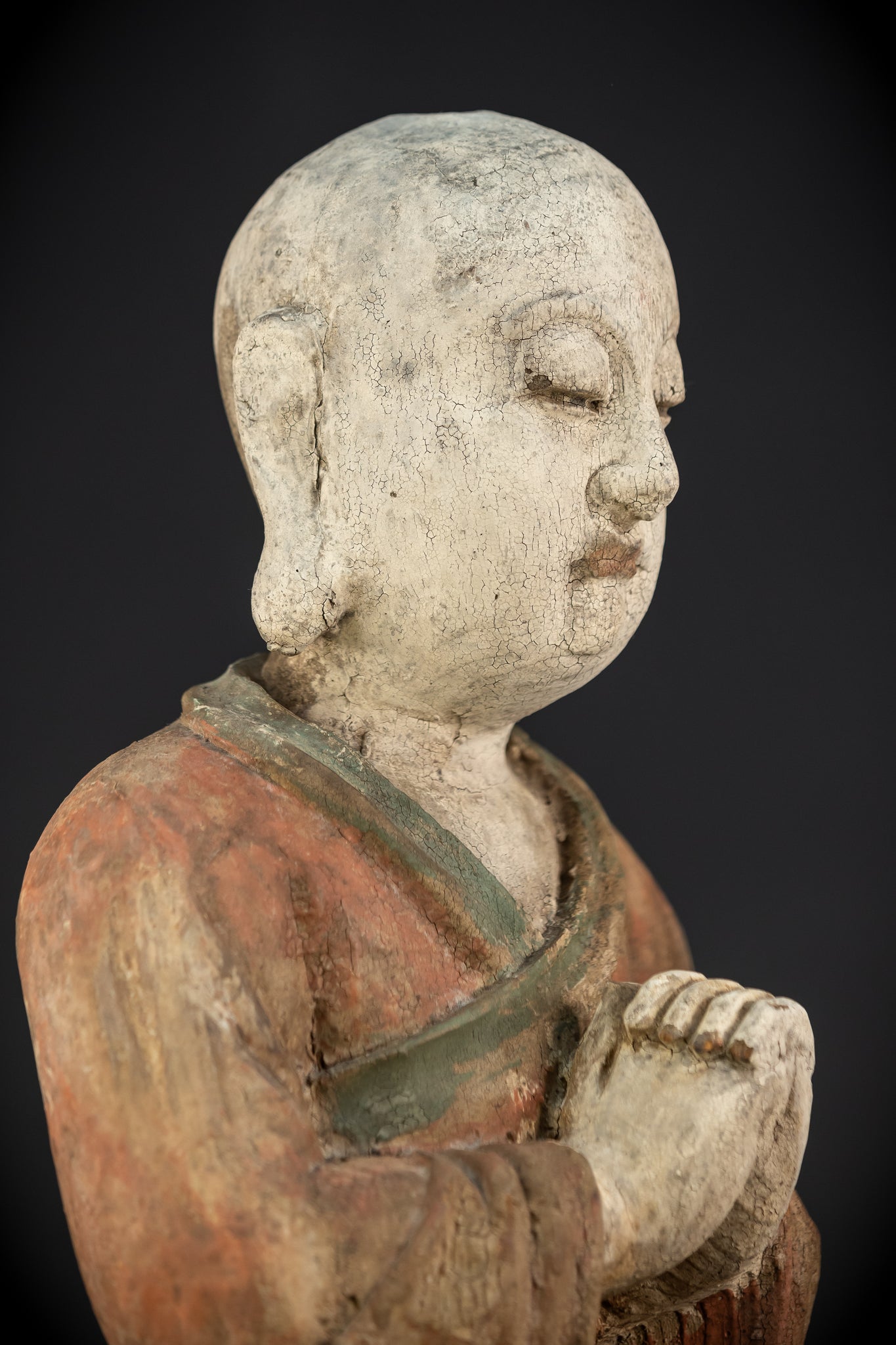 Buddhist Praying Monk Antique Sculpture | 17.5"