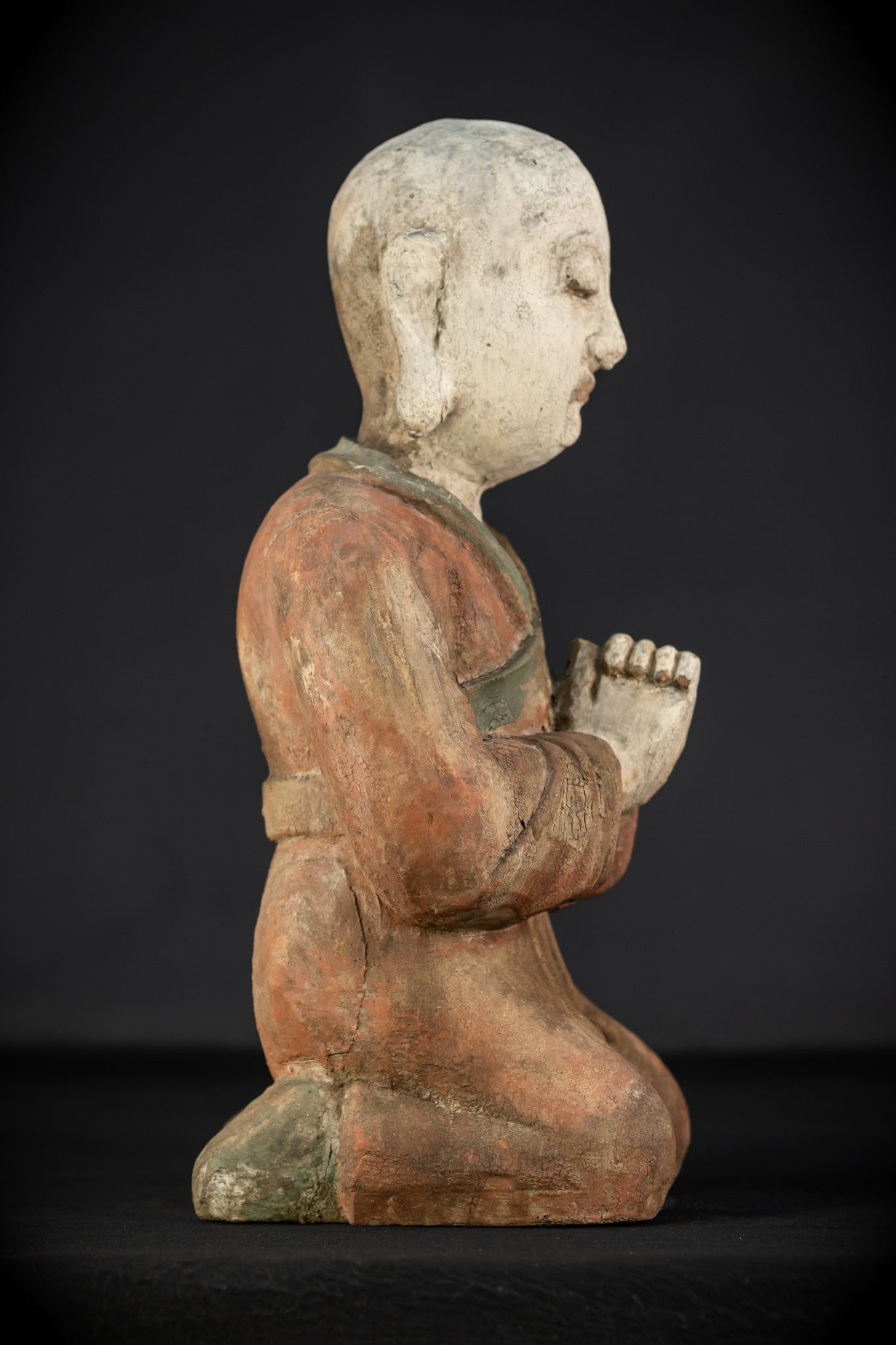 Buddhist Praying Monk Antique Sculpture | 17.5"