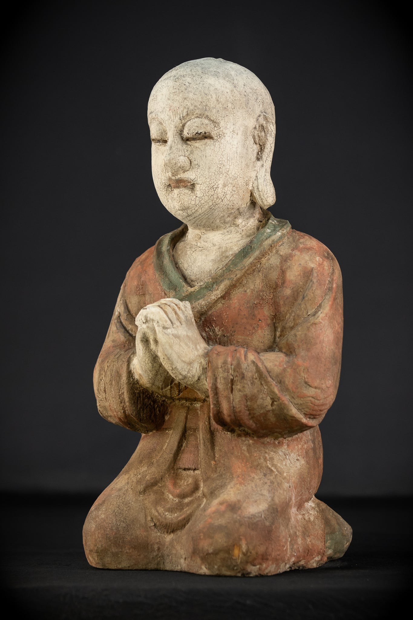Buddhist Praying Monk Antique Sculpture | 17.5"