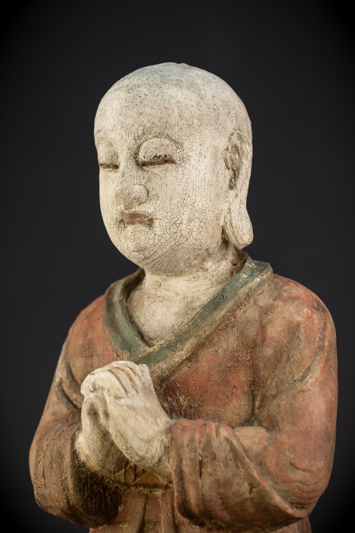 Buddhist Praying Monk Antique Sculpture | 17.5"