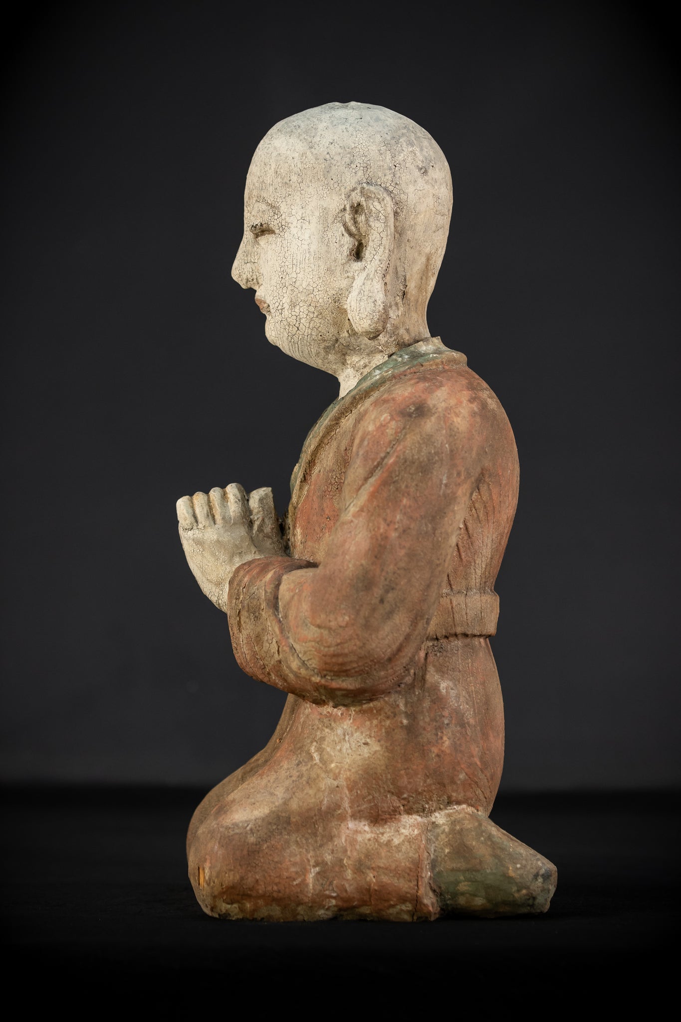 Buddhist Praying Monk Antique Sculpture | 17.5"