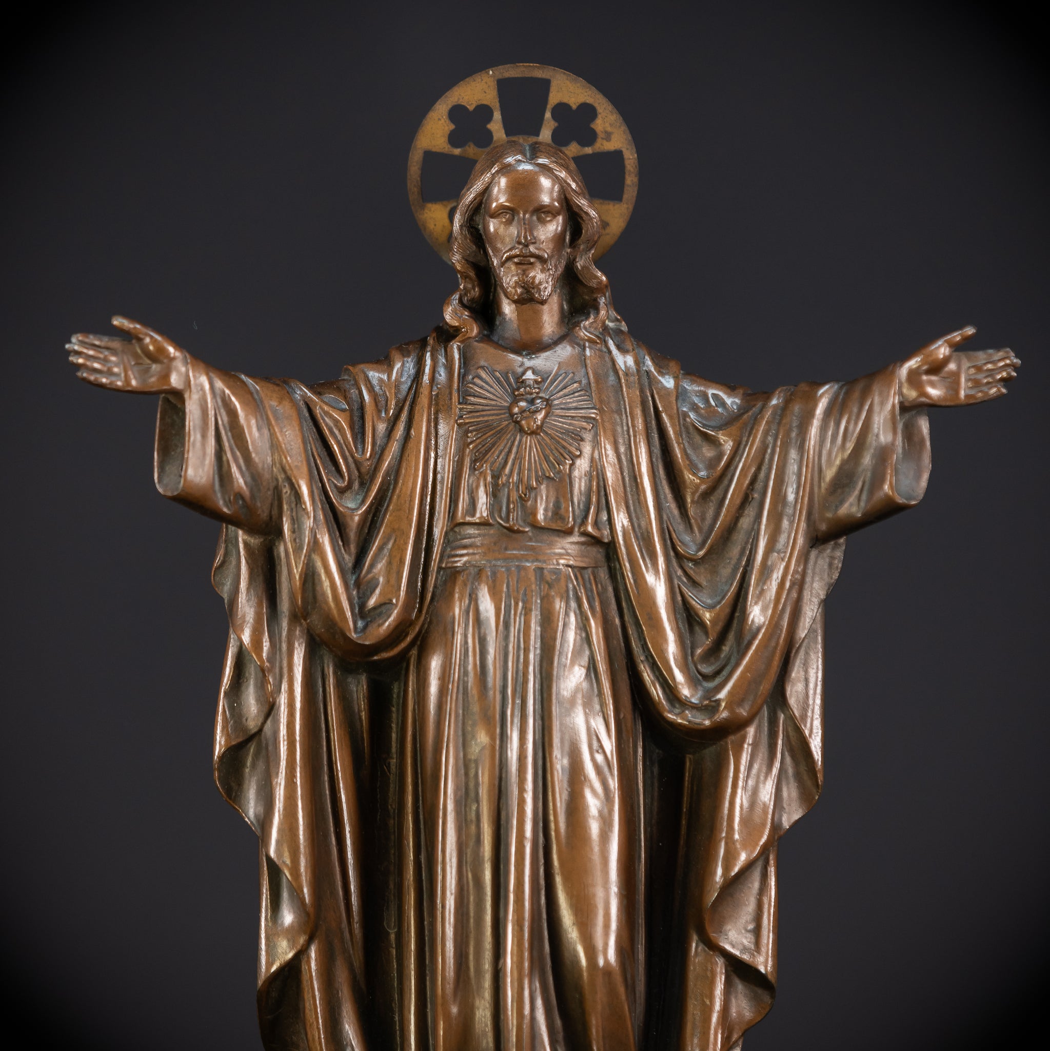 Sacred Heart Jesus Bronzed Metal | Antique Sculpture 18.5"