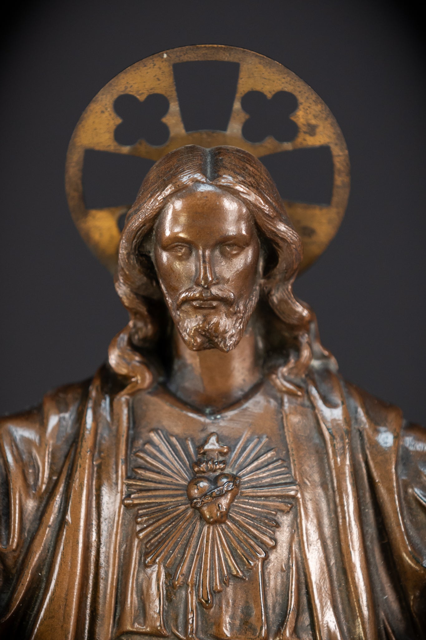 Sacred Heart Jesus Bronzed Metal | Antique Sculpture 18.5"