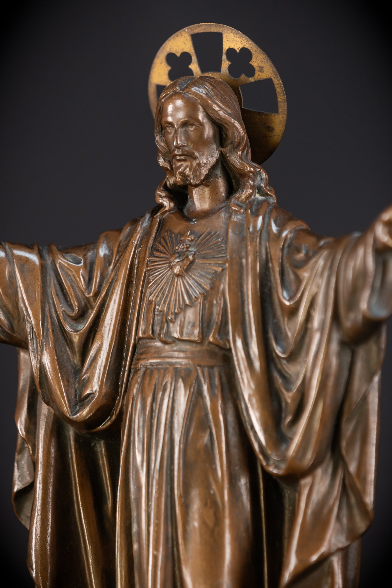 Sacred Heart Jesus Bronzed Metal | Antique Sculpture 18.5"