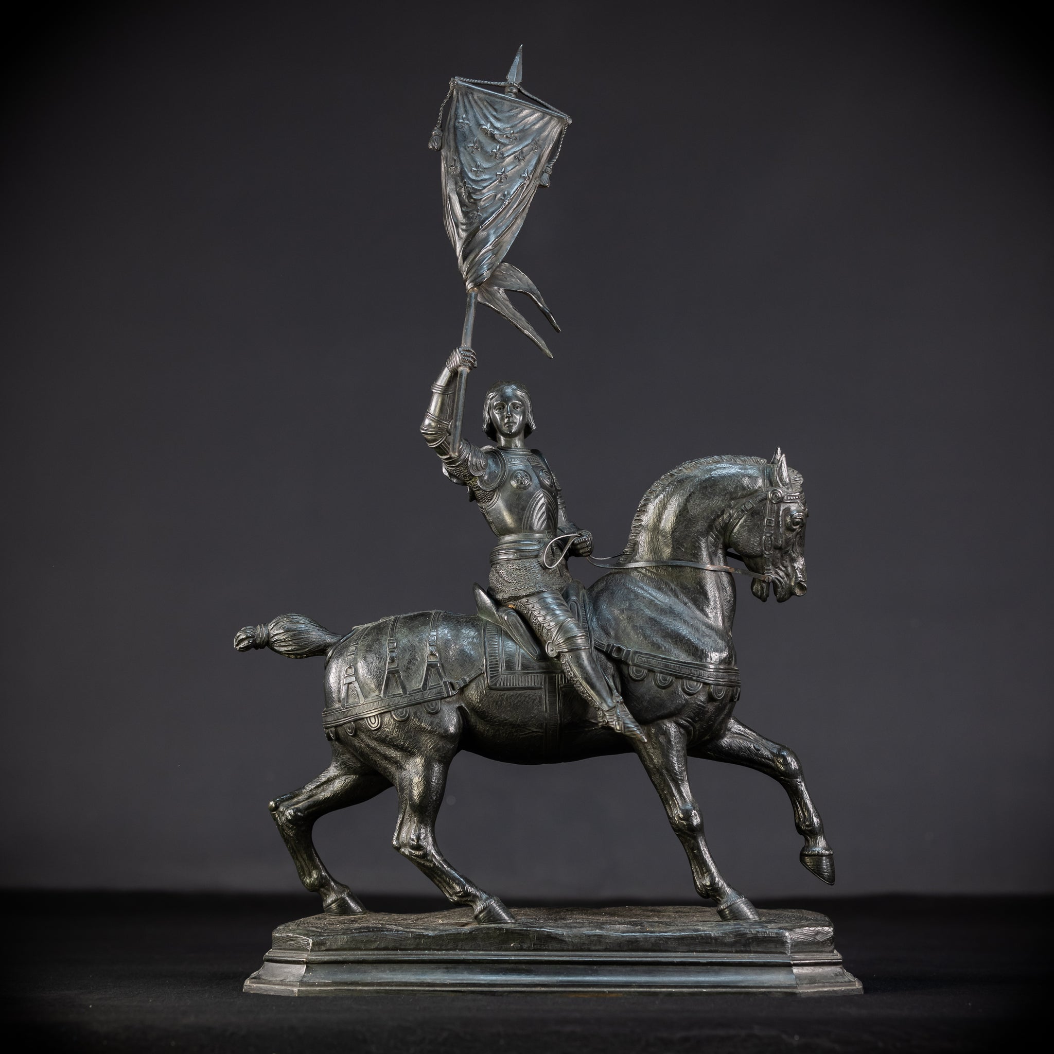St Joan of Arc Bronze Sculpture by E Delabrierre | 1800s Antique 22.6"