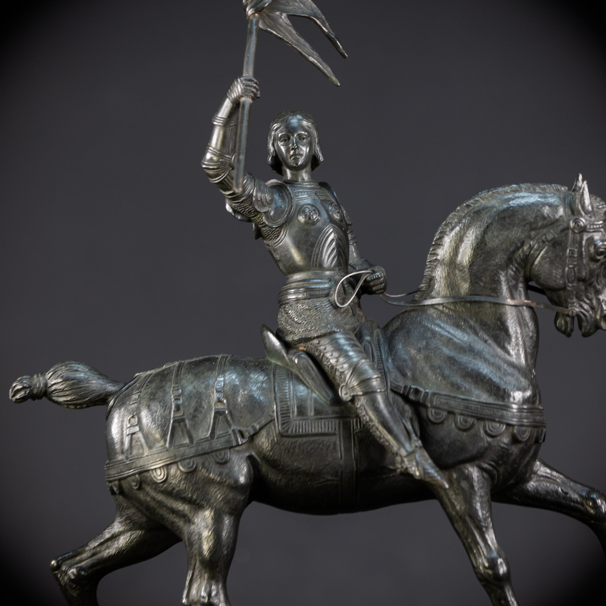 St Joan of Arc Bronze Sculpture by E Delabrierre | 1800s Antique 22.6"