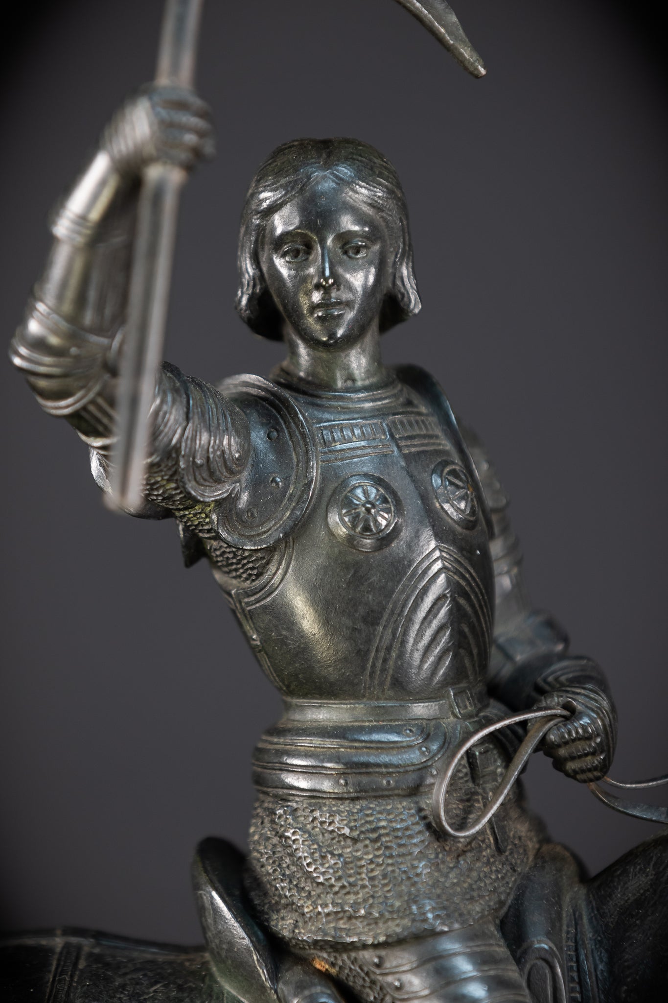 St Joan of Arc Bronze Sculpture by E Delabrierre | 1800s Antique 22.6"