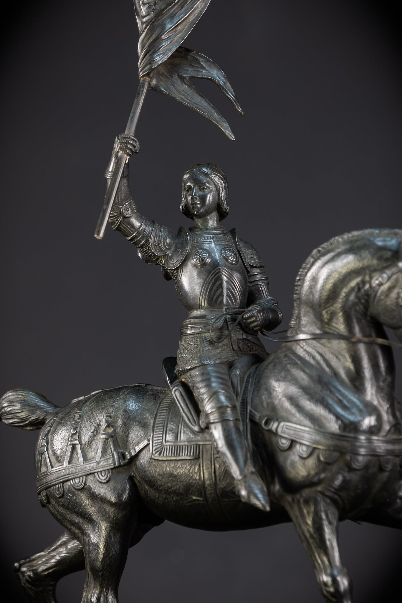 St Joan of Arc Bronze Sculpture by E Delabrierre | 1800s Antique 22.6"