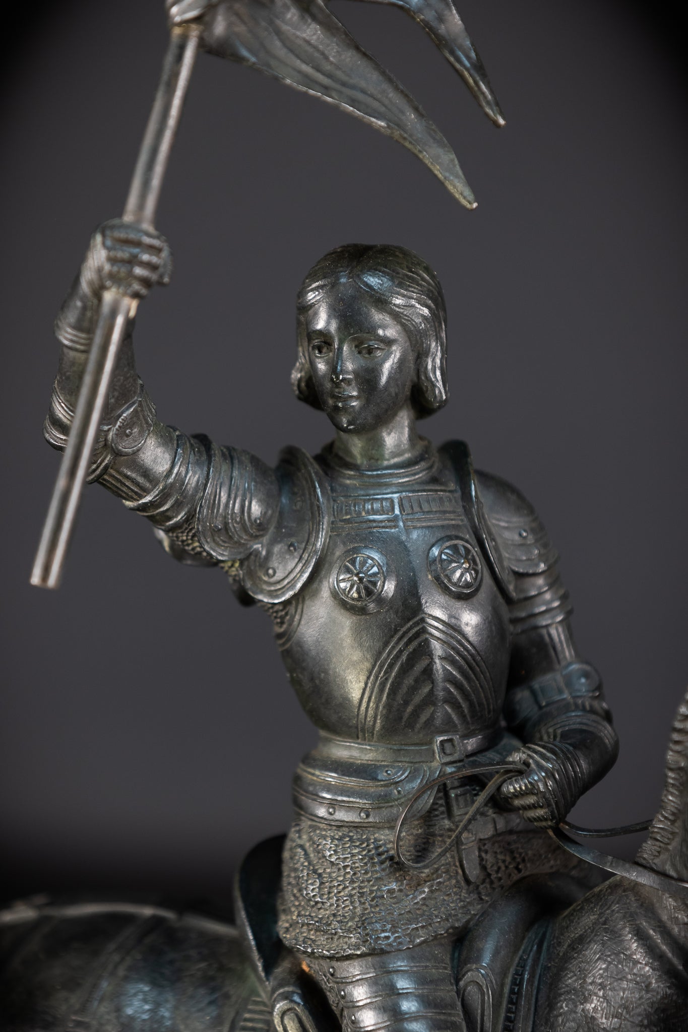 St Joan of Arc Bronze Sculpture by E Delabrierre | 1800s Antique 22.6"