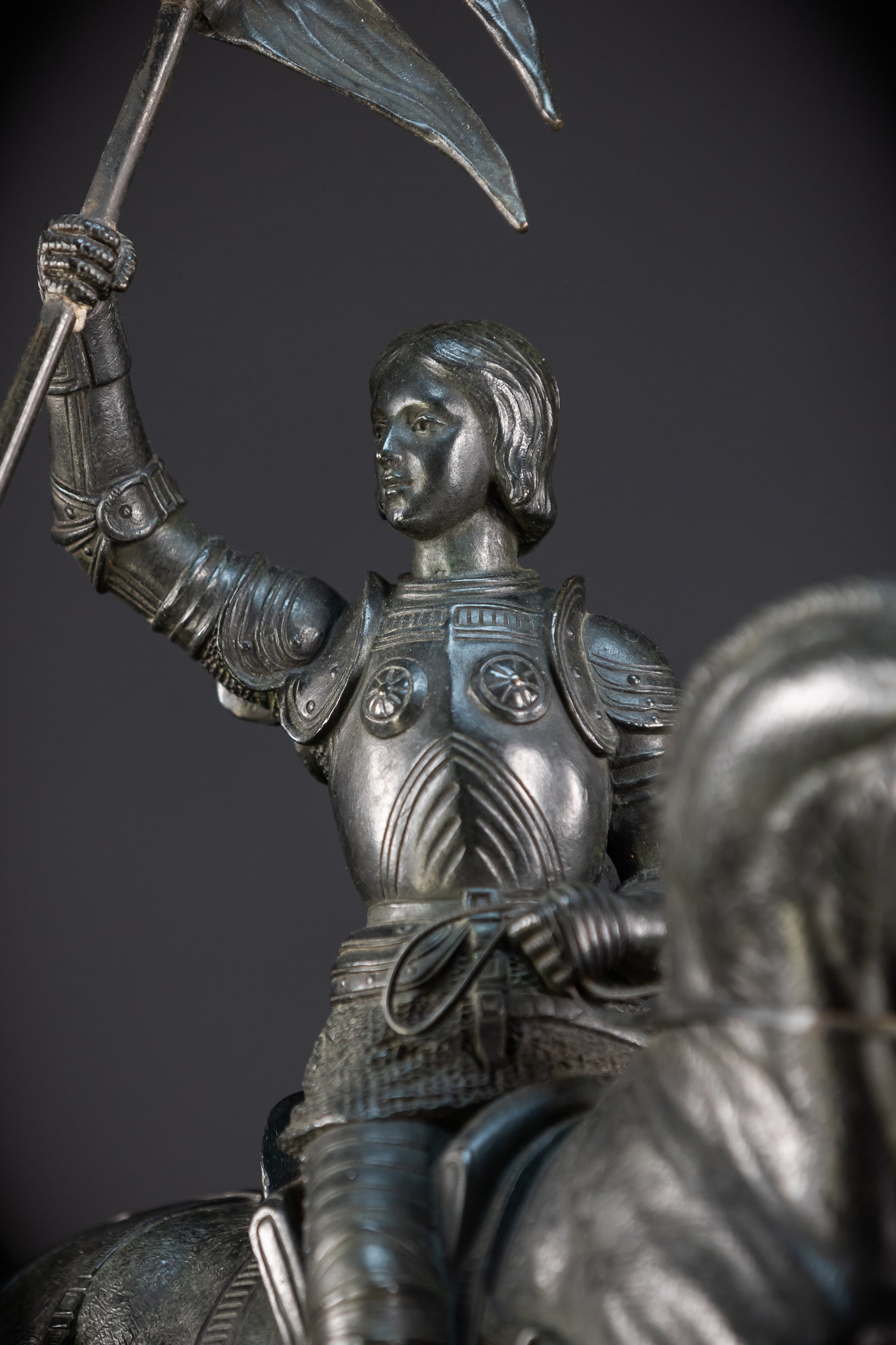 St Joan of Arc Bronze Sculpture by E Delabrierre | 1800s Antique 22.6"
