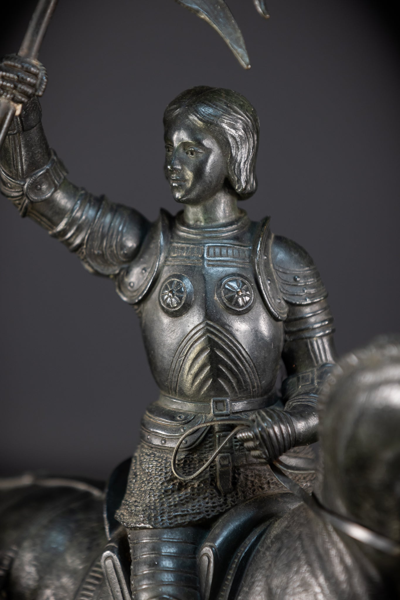 St Joan of Arc Bronze Sculpture by E Delabrierre | 1800s Antique 22.6"