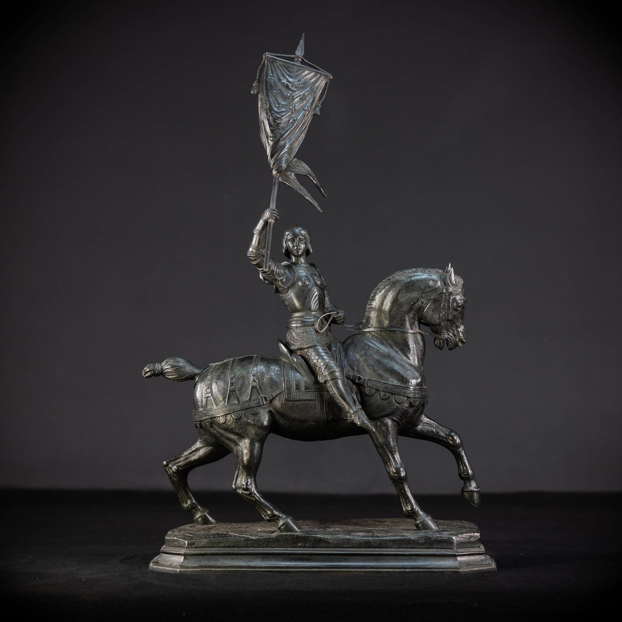 St Joan of Arc Bronze Sculpture by E Delabrierre | 1800s Antique 22.6"