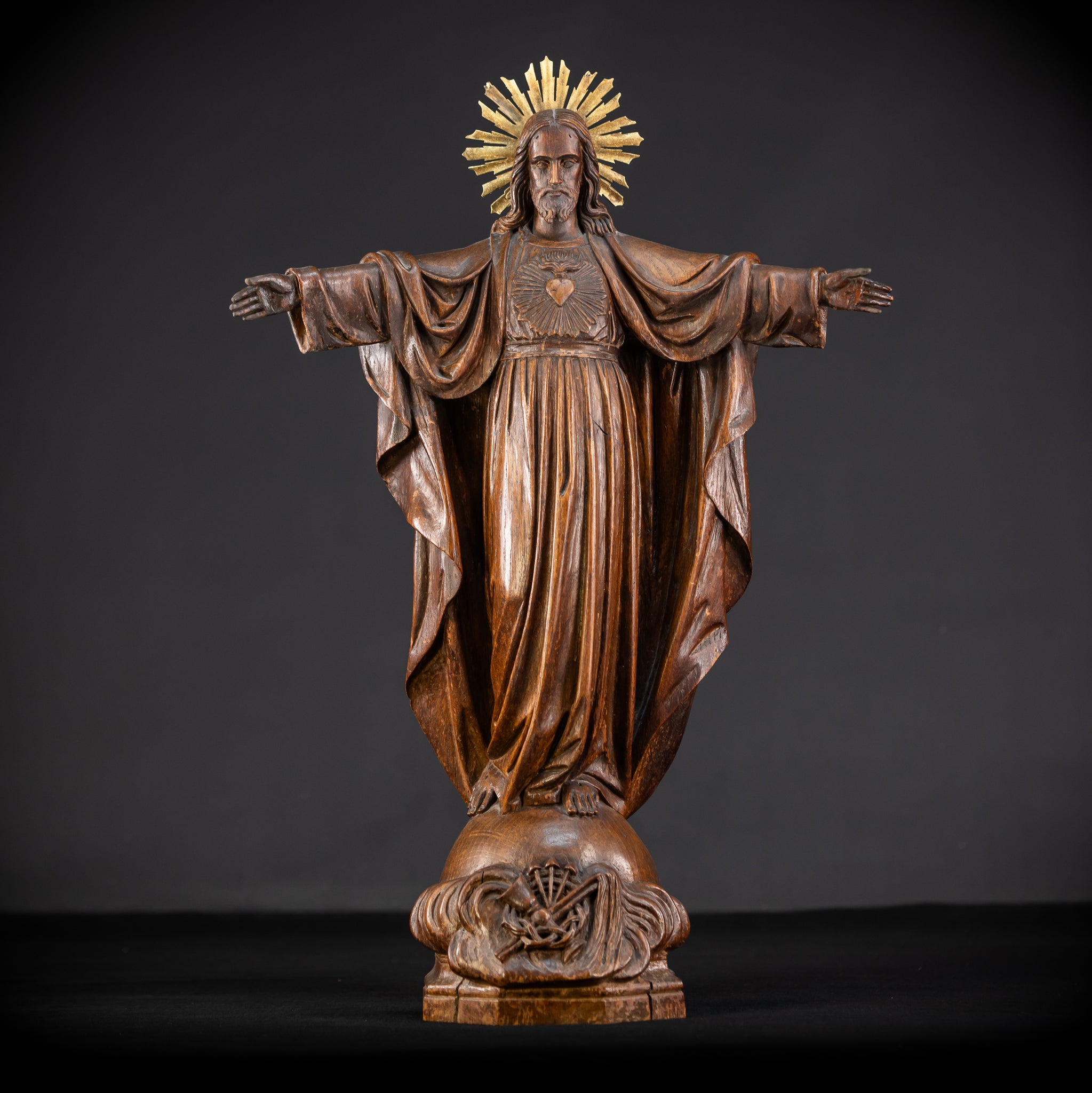Sacred Heart Jesus Wooden Sculpture | 1800s Antique | 23.2"