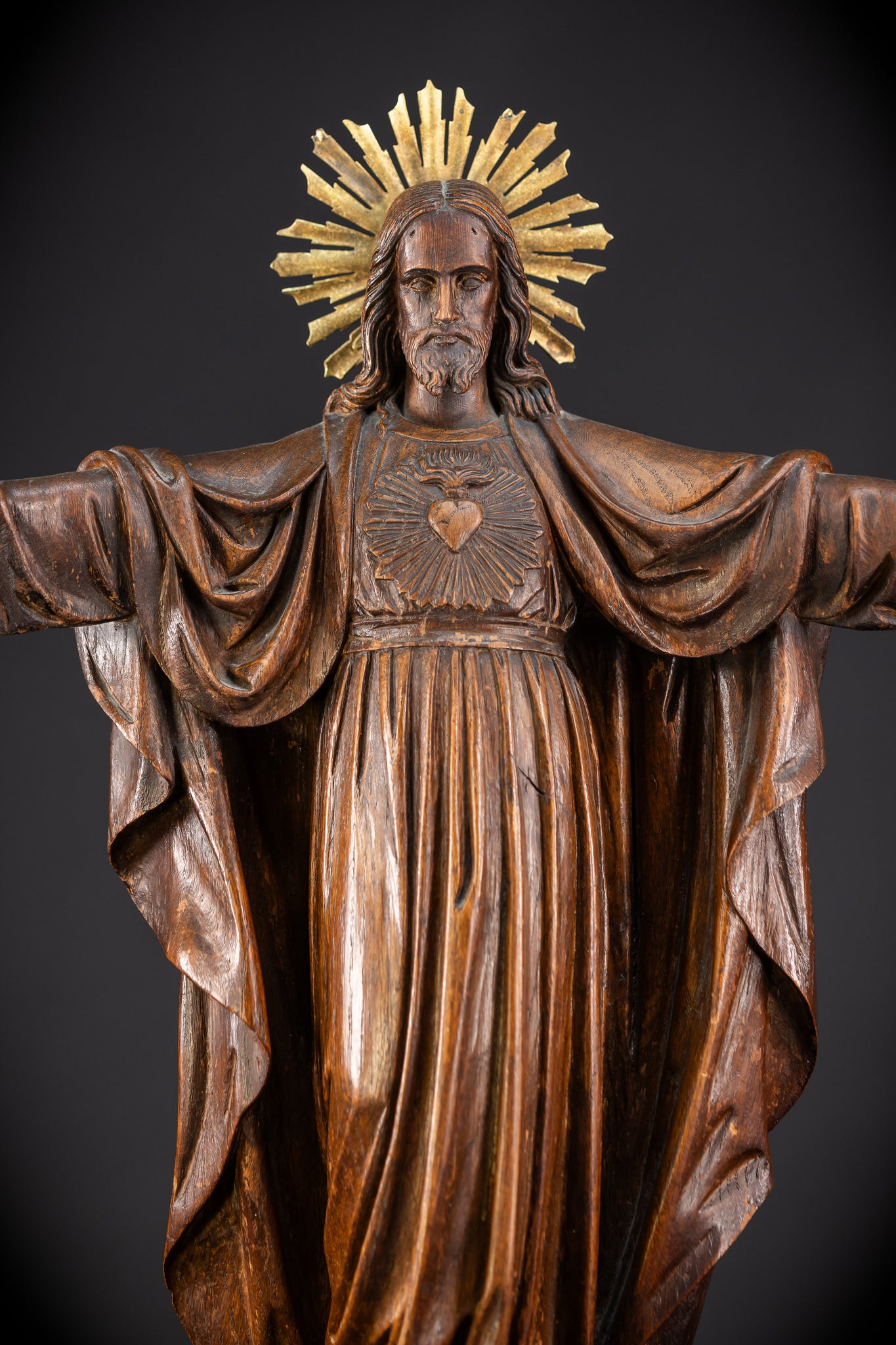 Sacred Heart Jesus Wooden Sculpture | 1800s Antique | 23.2"