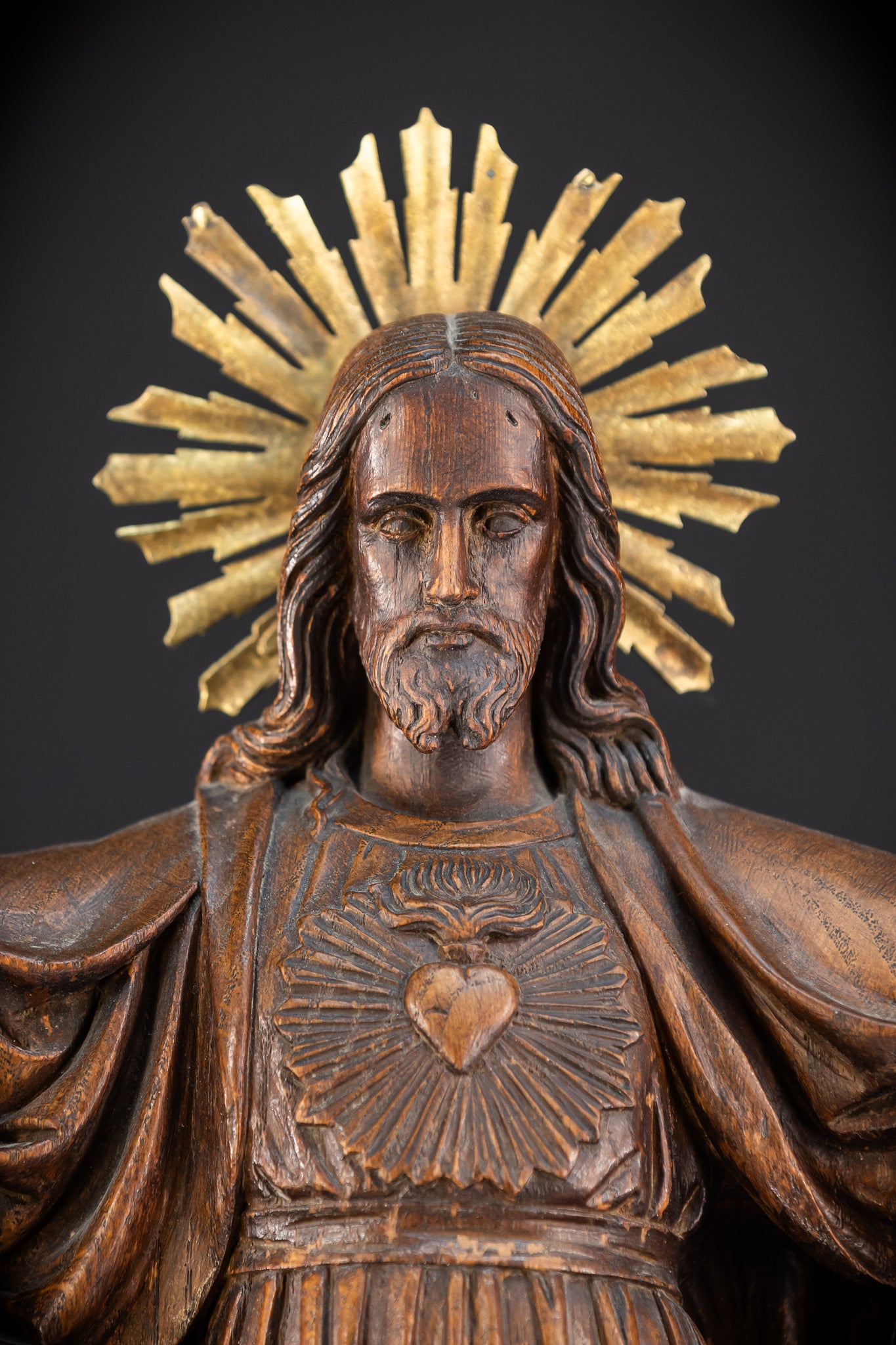 Sacred Heart Jesus Wooden Sculpture | 1800s Antique | 23.2"