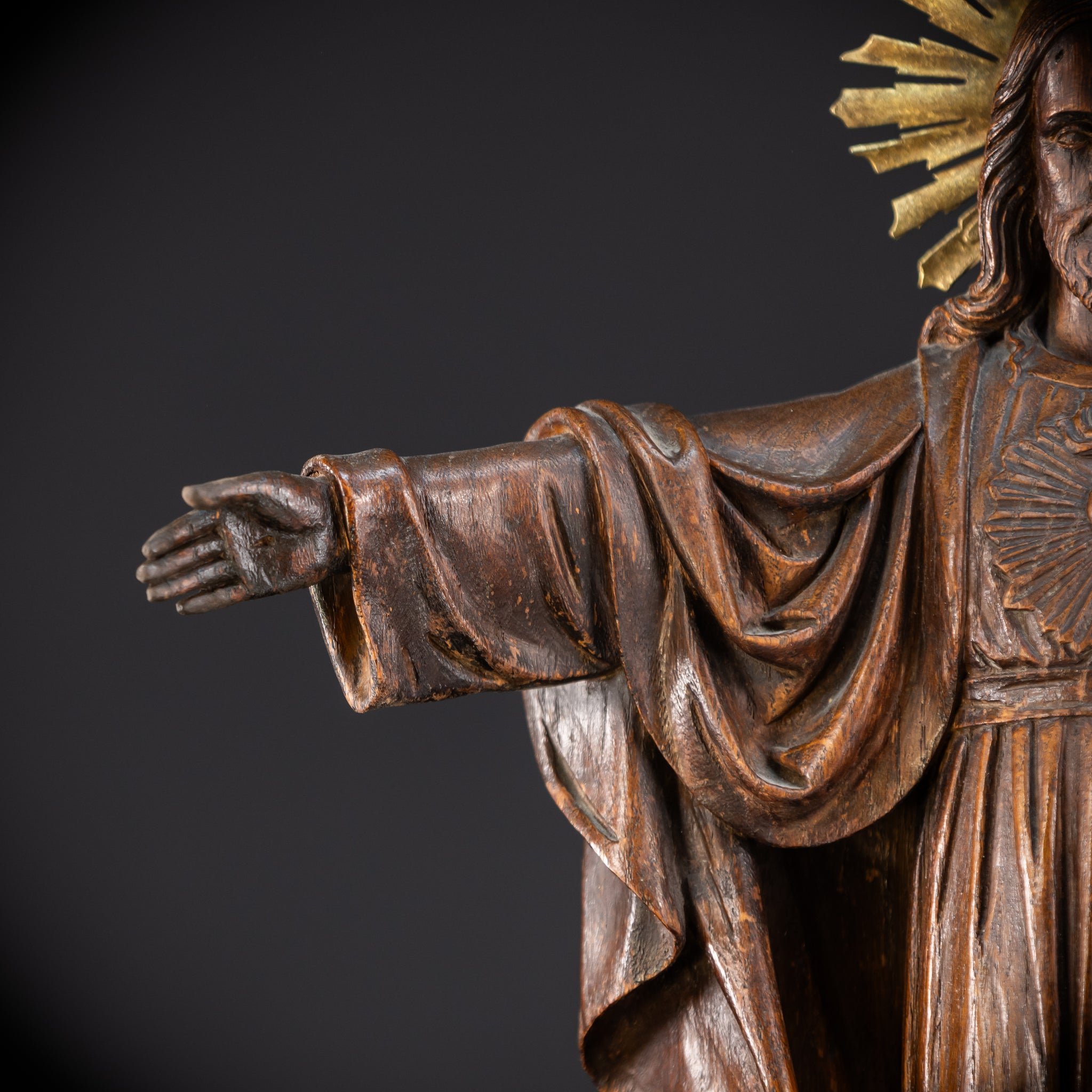 Sacred Heart Jesus Wooden Sculpture | 1800s Antique | 23.2"