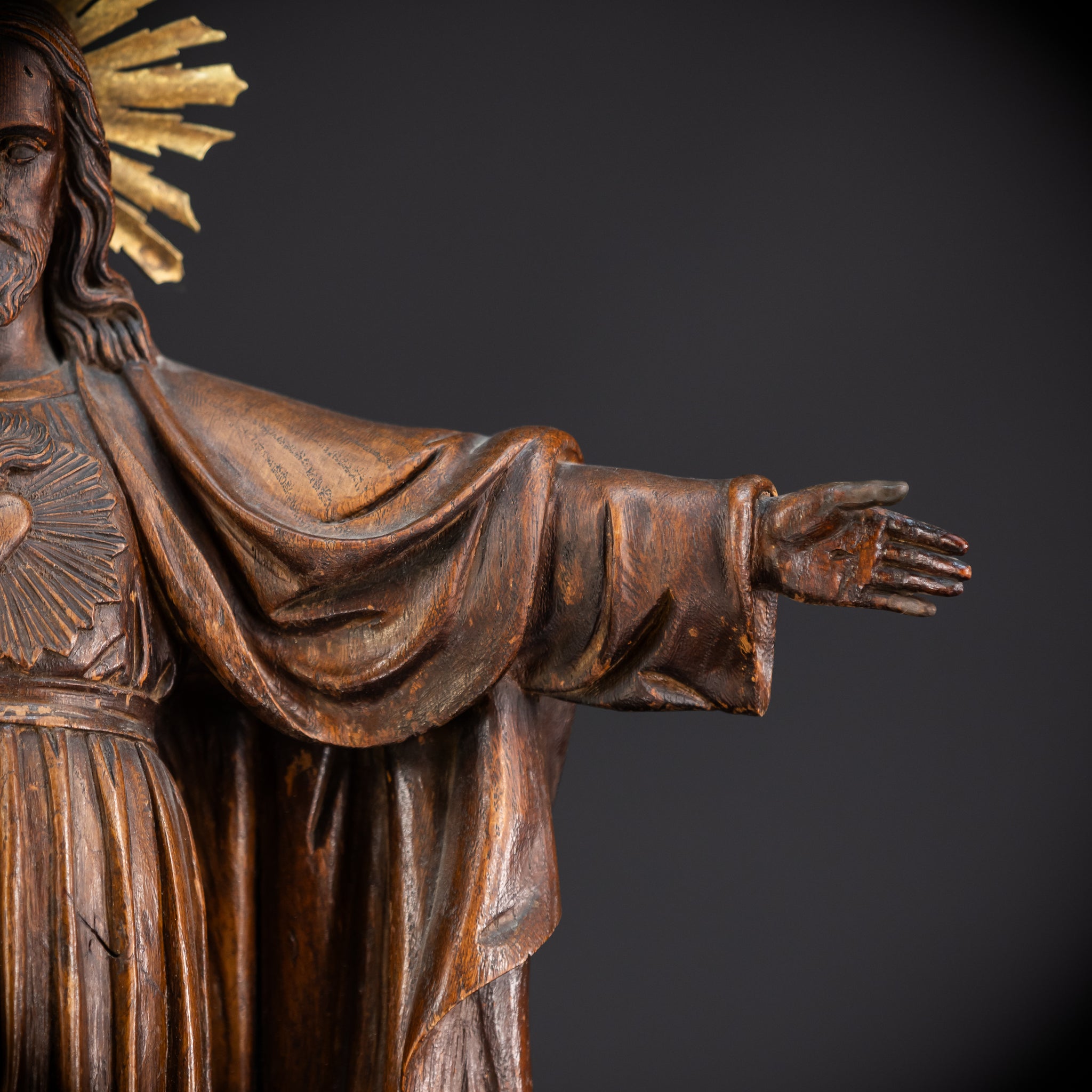 Sacred Heart Jesus Wooden Sculpture | 1800s Antique | 23.2"