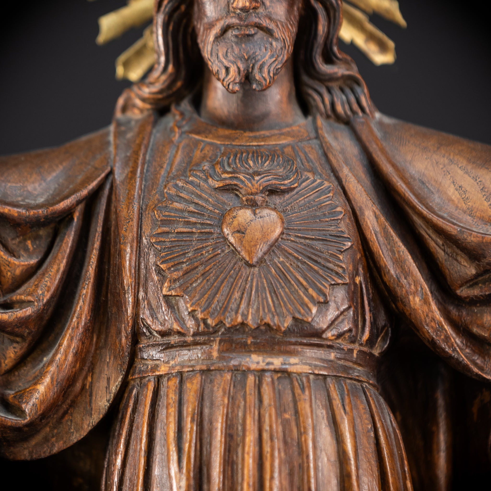 Sacred Heart Jesus Wooden Sculpture | 1800s Antique | 23.2"