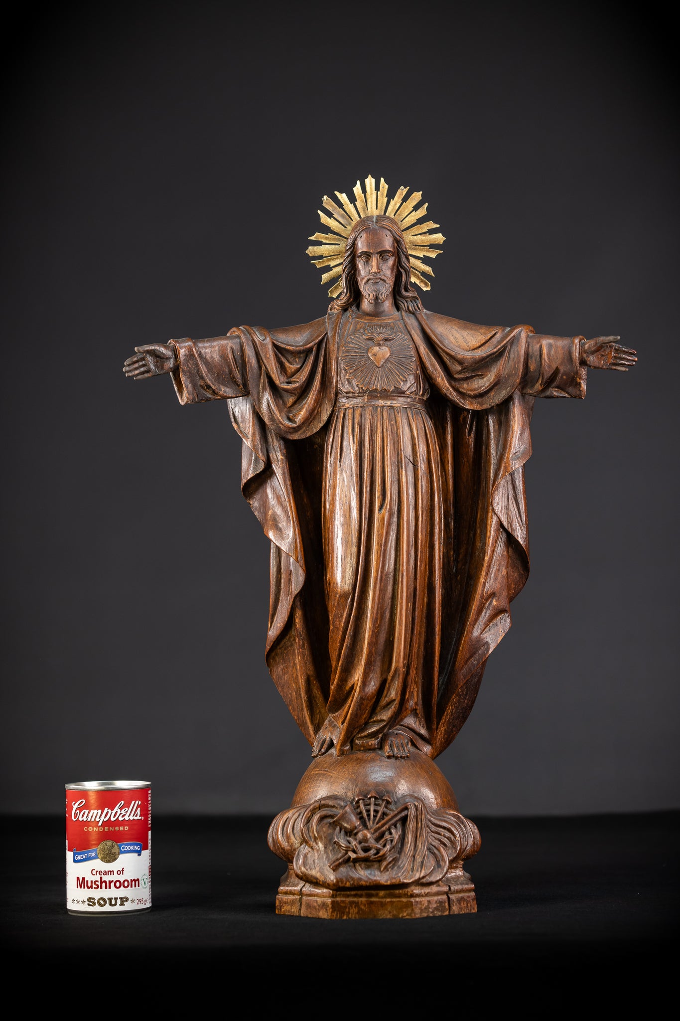 Sacred Heart Jesus Wooden Sculpture | 1800s Antique | 23.2"