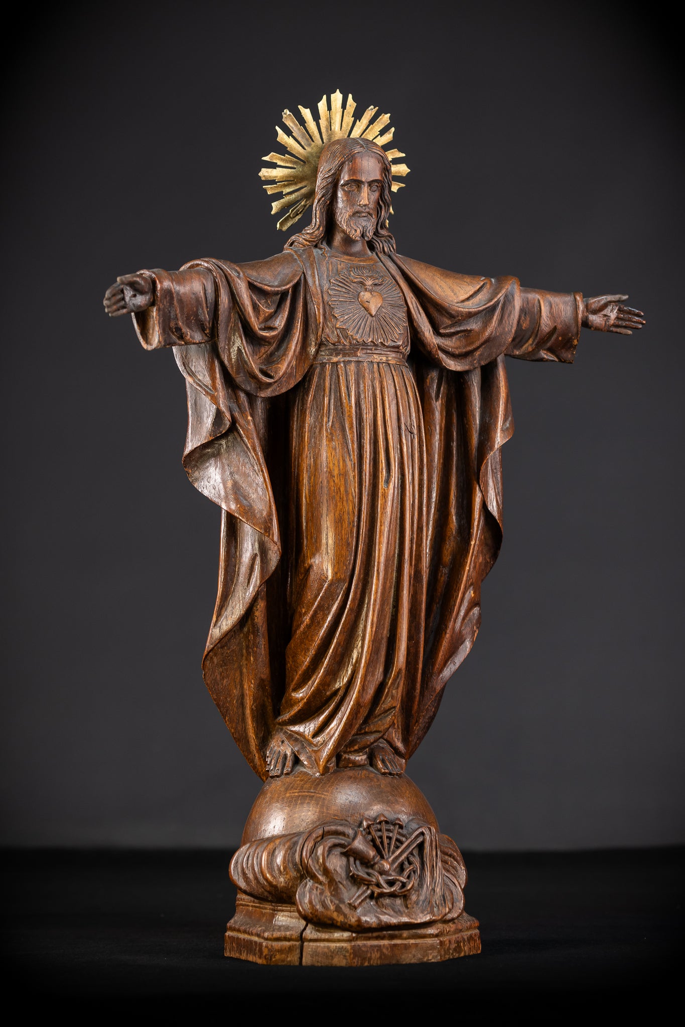 Sacred Heart Jesus Wooden Sculpture | 1800s Antique | 23.2"