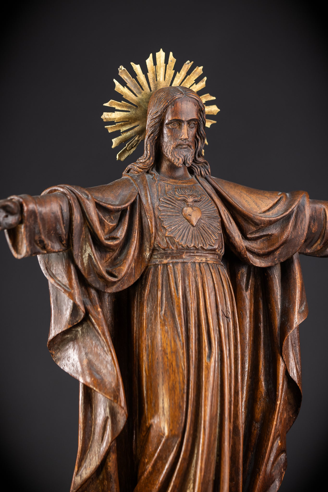 Sacred Heart Jesus Wooden Sculpture | 1800s Antique | 23.2"