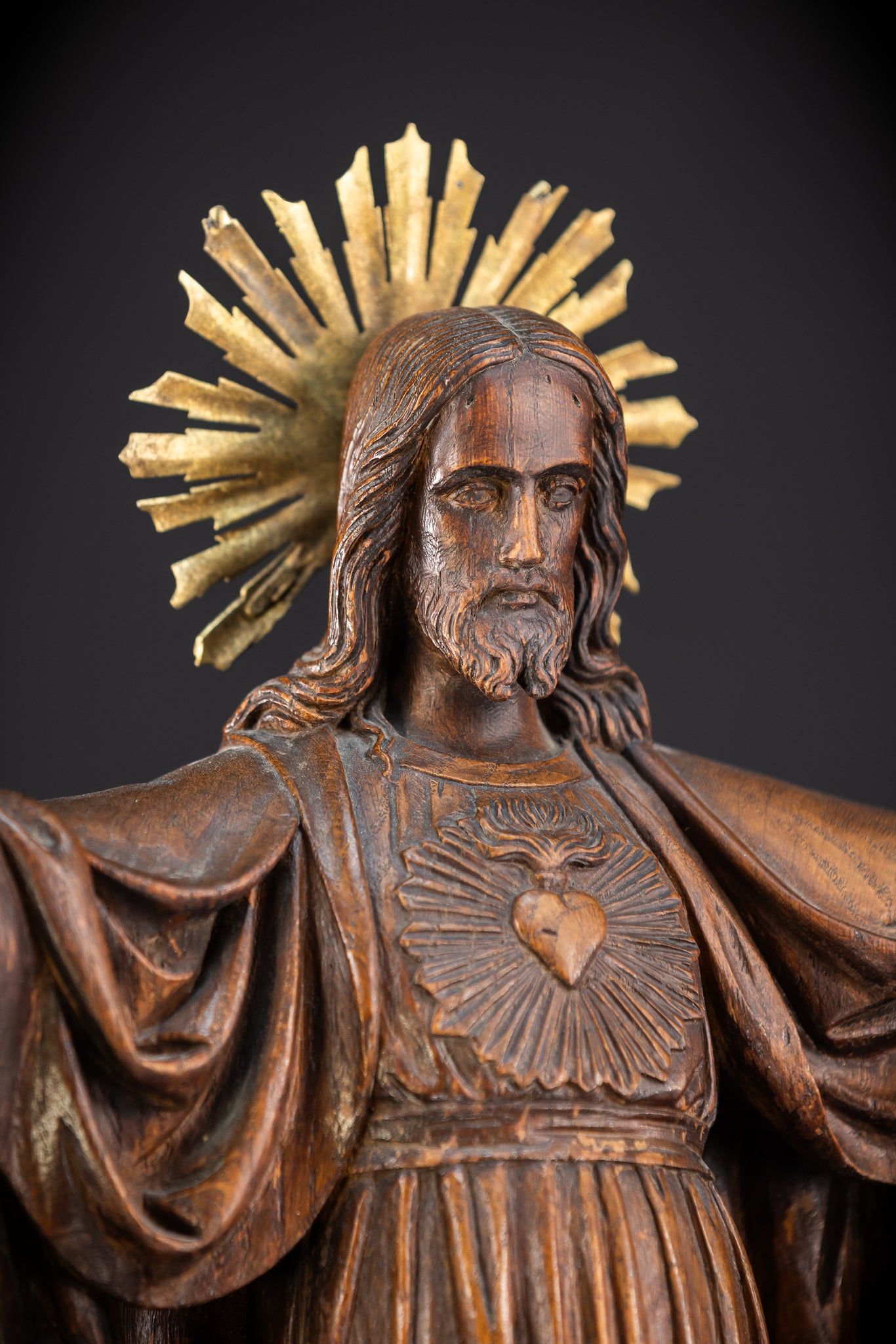 Sacred Heart Jesus Wooden Sculpture | 1800s Antique | 23.2"
