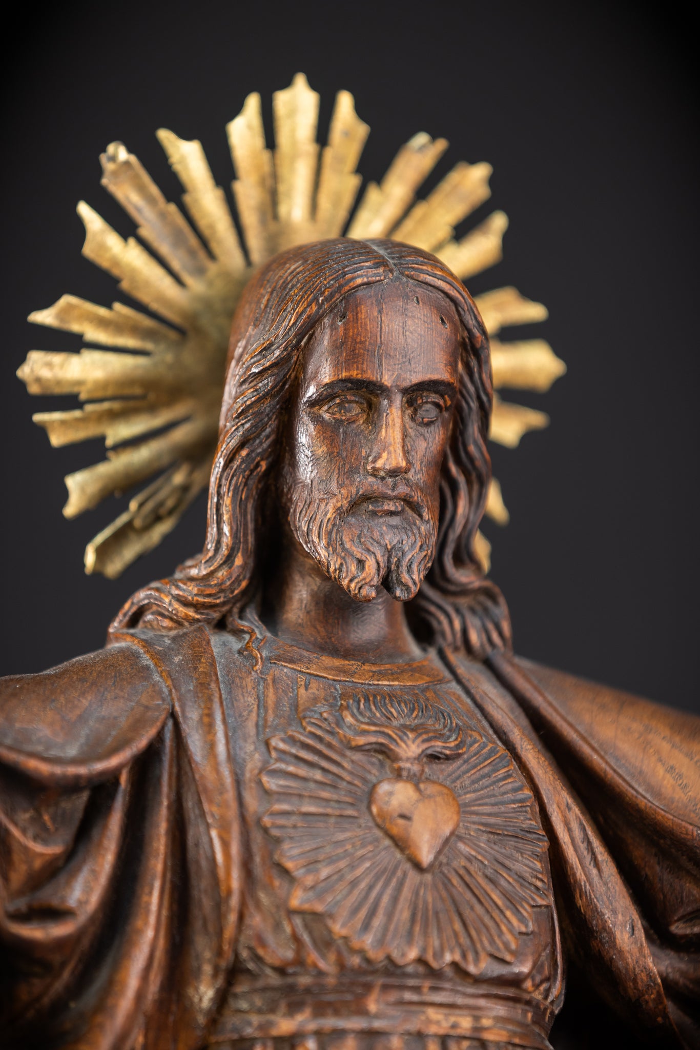 Sacred Heart Jesus Wooden Sculpture | 1800s Antique | 23.2"