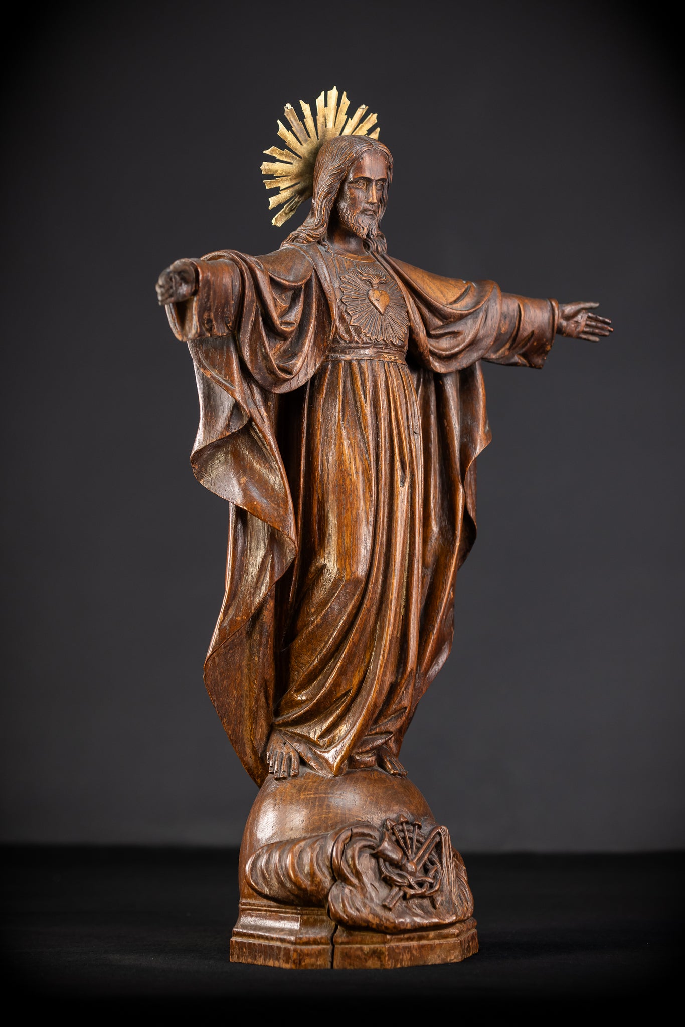 Sacred Heart Jesus Wooden Sculpture | 1800s Antique | 23.2"