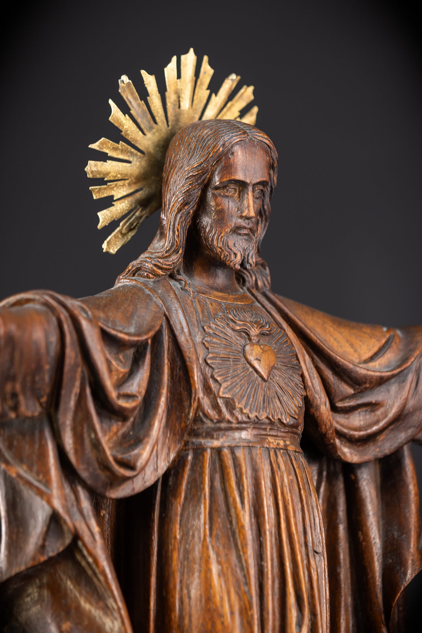 Sacred Heart Jesus Wooden Sculpture | 1800s Antique | 23.2"