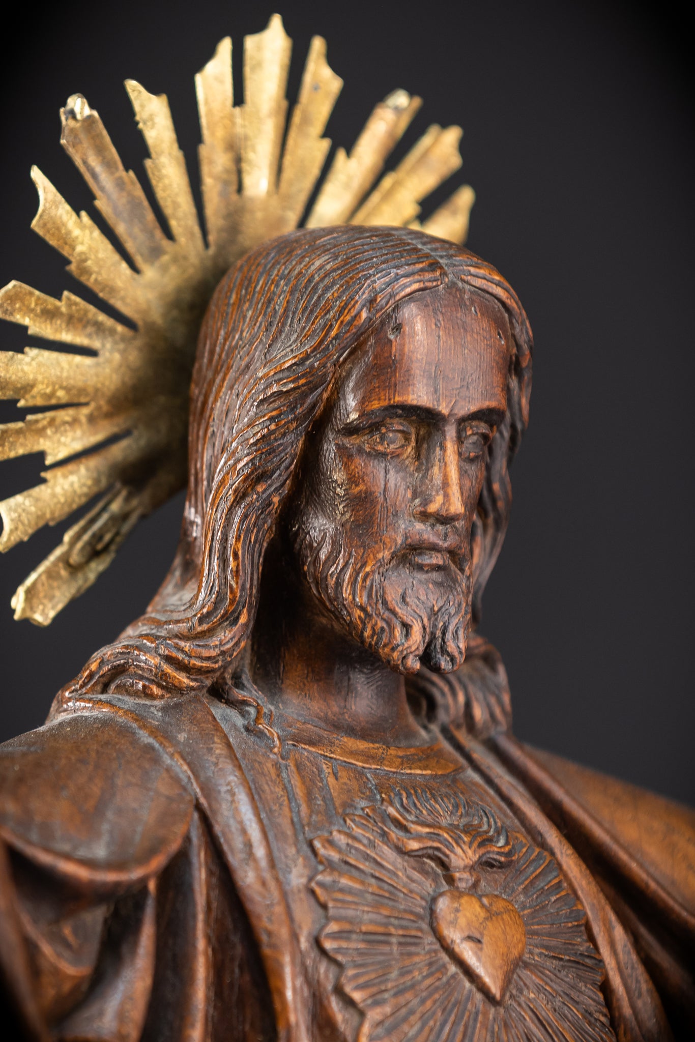 Sacred Heart Jesus Wooden Sculpture | 1800s Antique | 23.2"