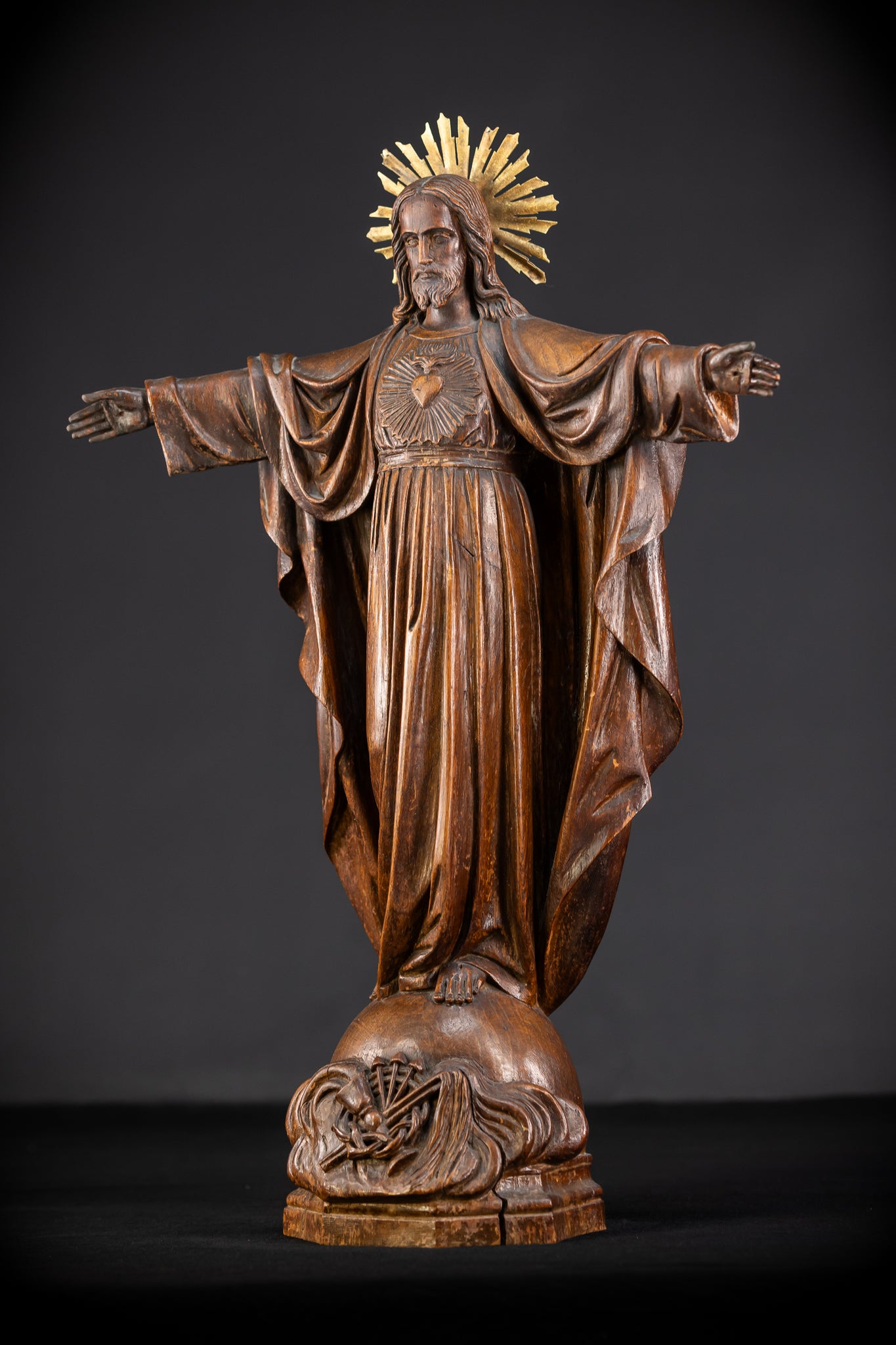 Sacred Heart Jesus Wooden Sculpture | 1800s Antique | 23.2"