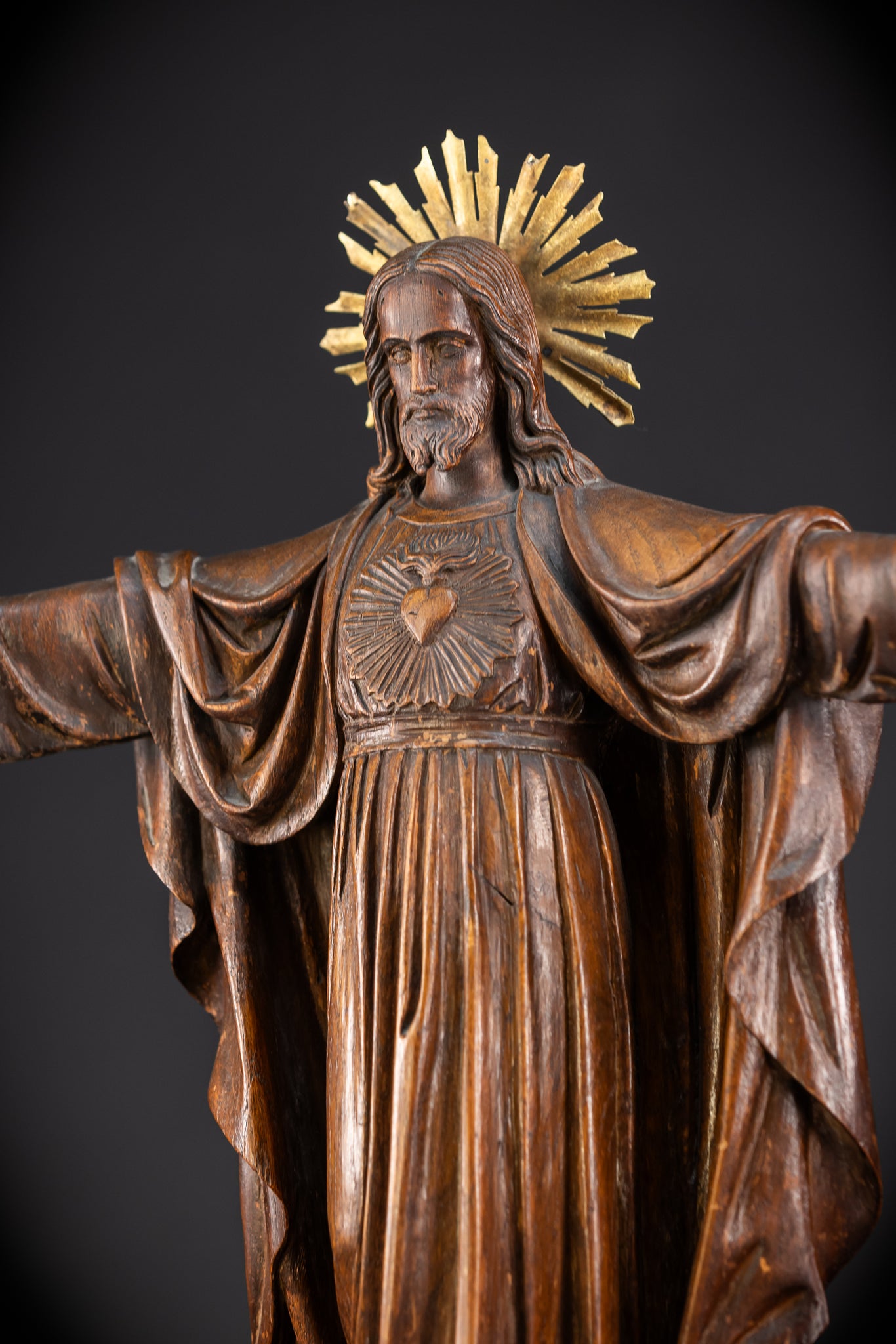 Sacred Heart Jesus Wooden Sculpture | 1800s Antique | 23.2"