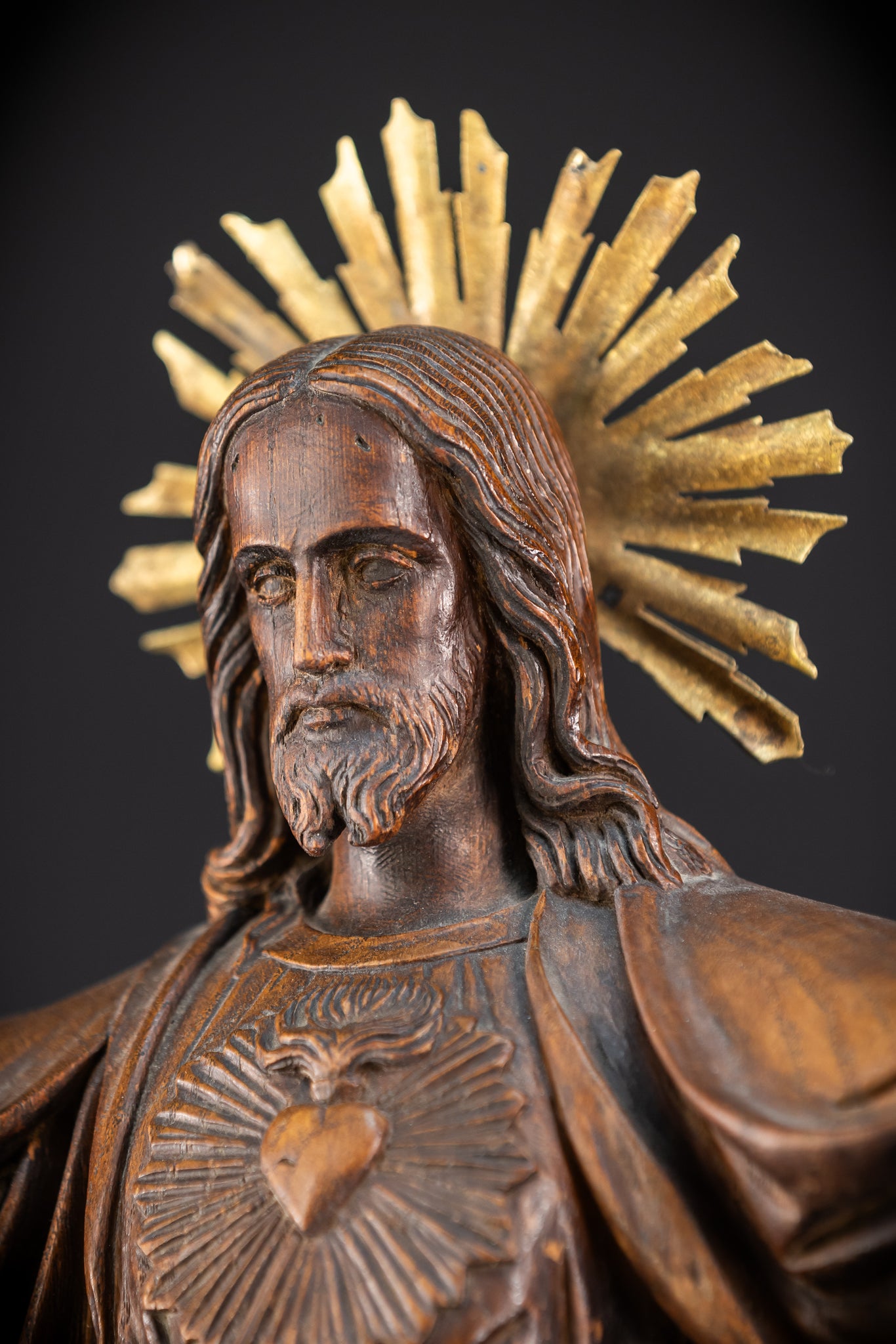 Sacred Heart Jesus Wooden Sculpture | 1800s Antique | 23.2"