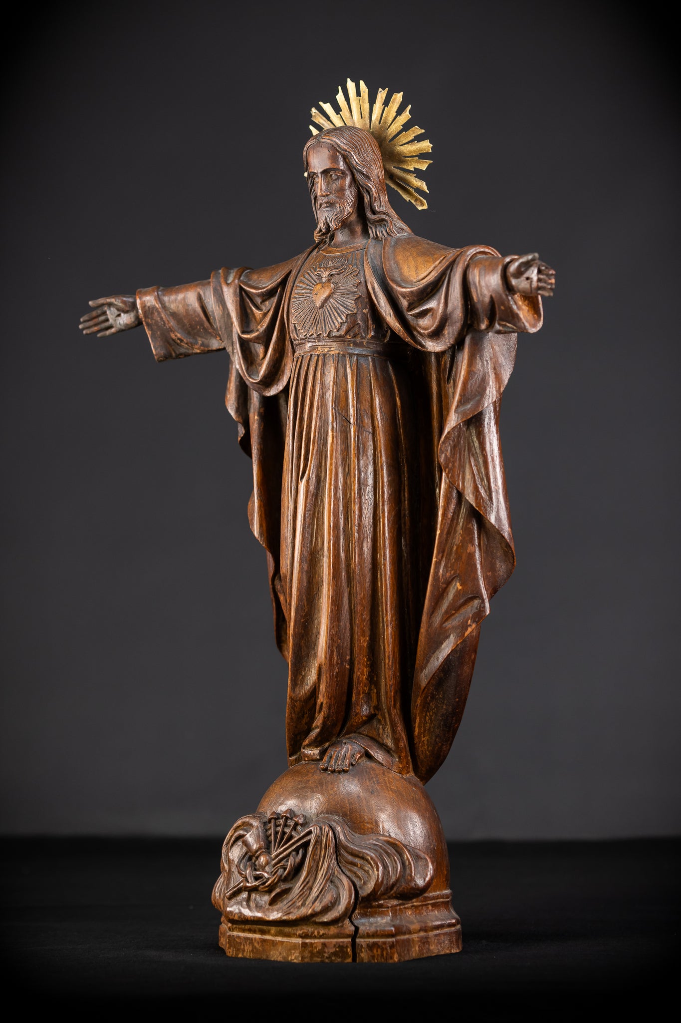 Sacred Heart Jesus Wooden Sculpture | 1800s Antique | 23.2"