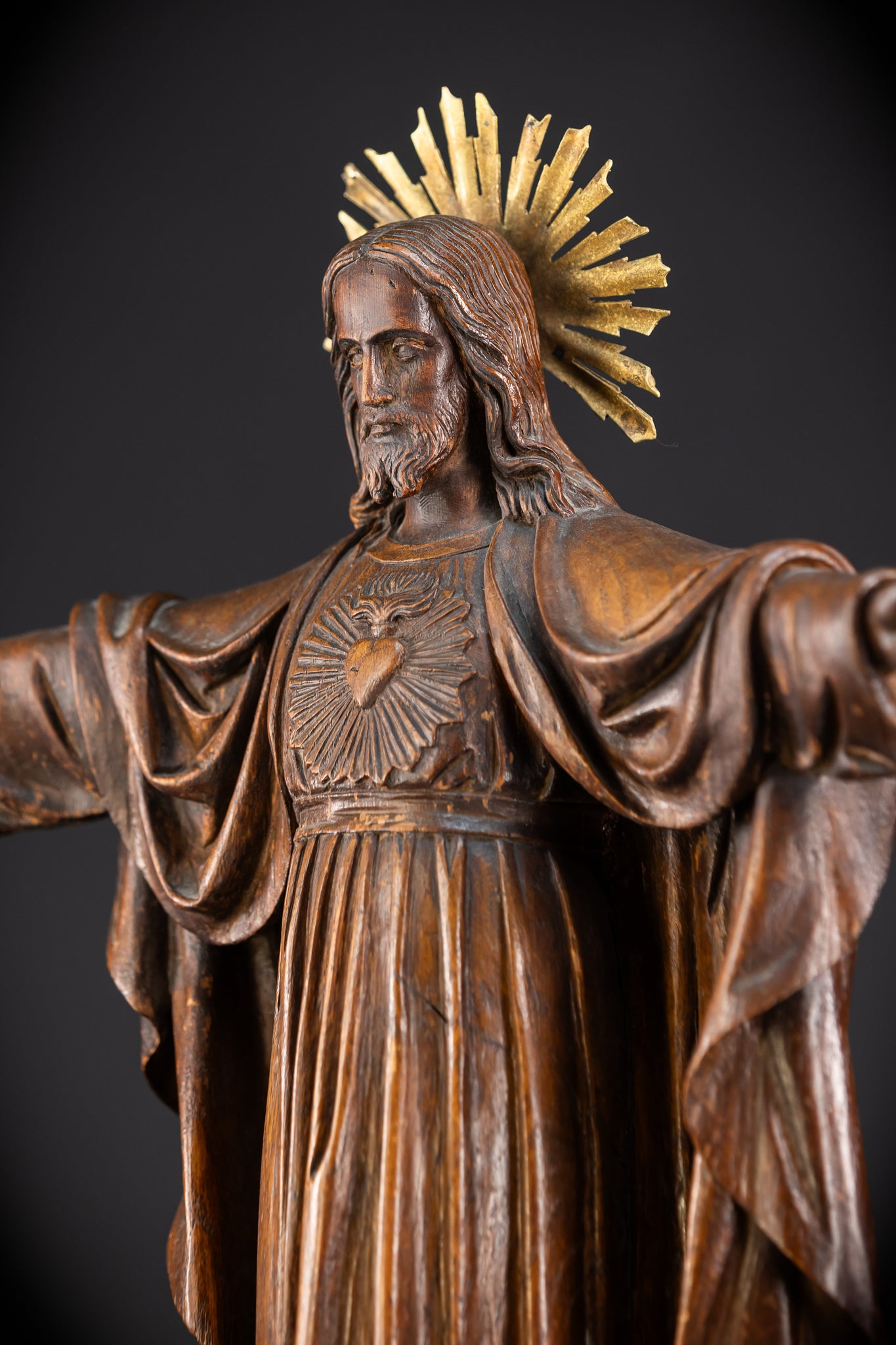 Sacred Heart Jesus Wooden Sculpture | 1800s Antique | 23.2"