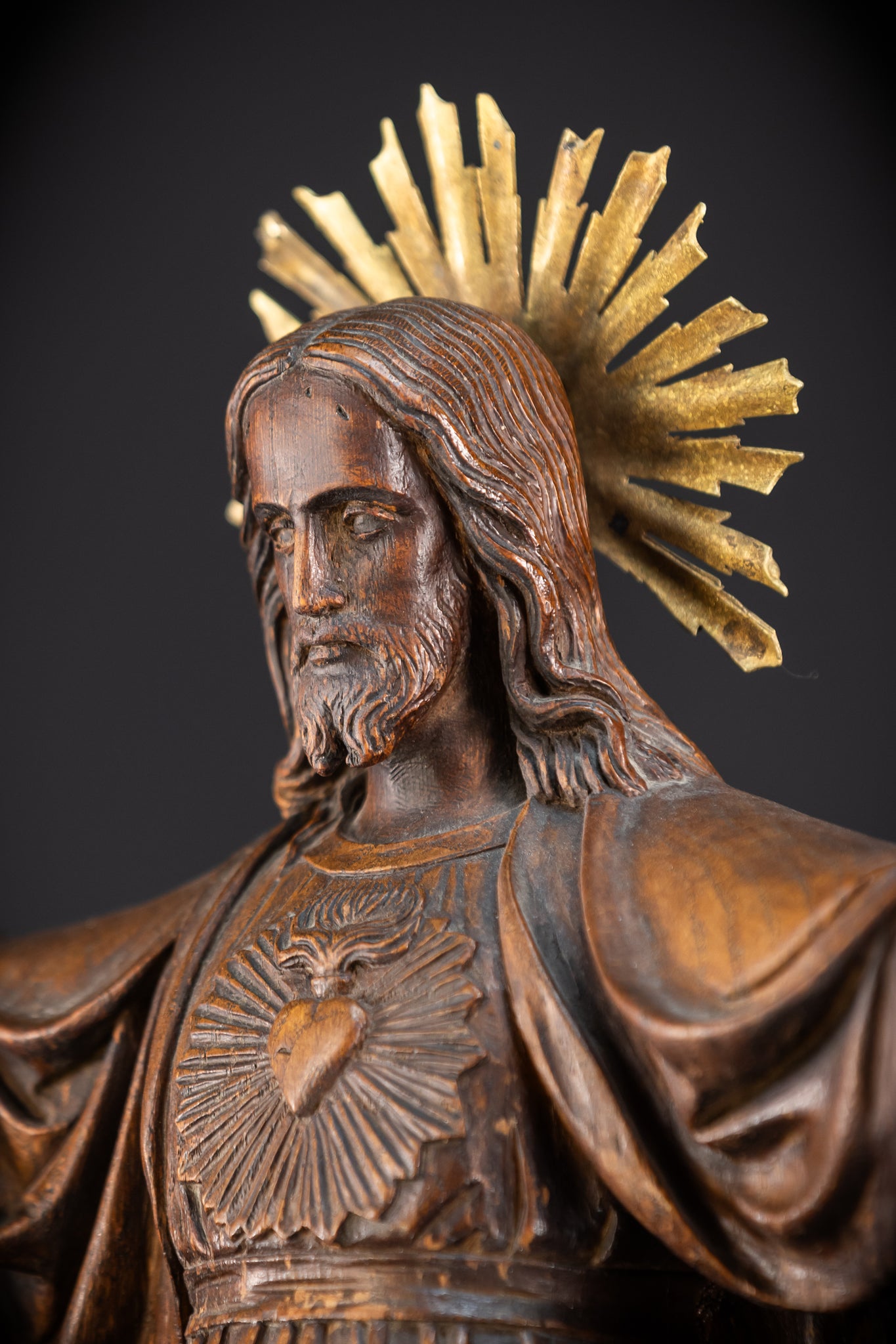 Sacred Heart Jesus Wooden Sculpture | 1800s Antique | 23.2"