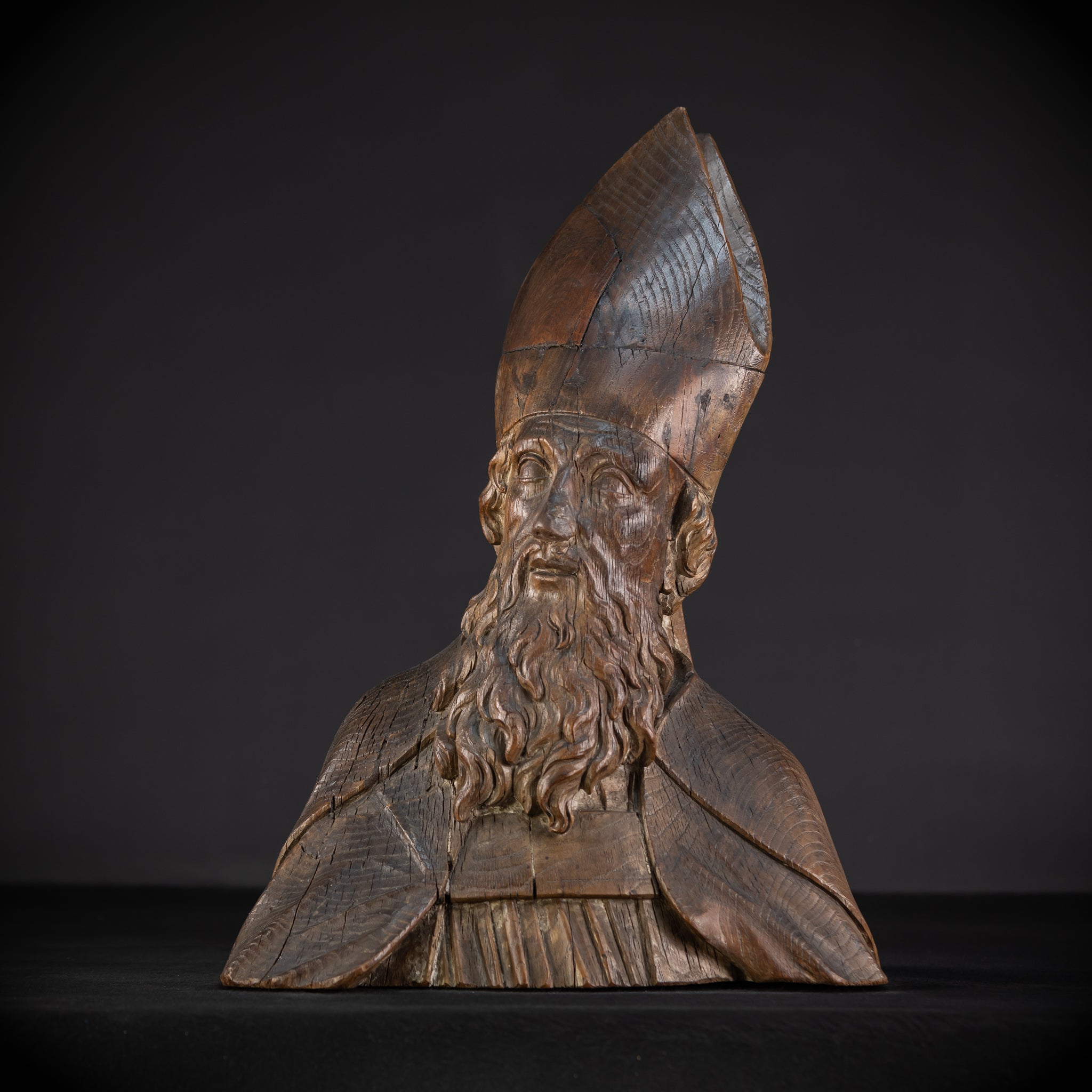 Saint Augustine of Hippo Wooden Bust Statue | 1600s Antique | 23.6" / 60 cm