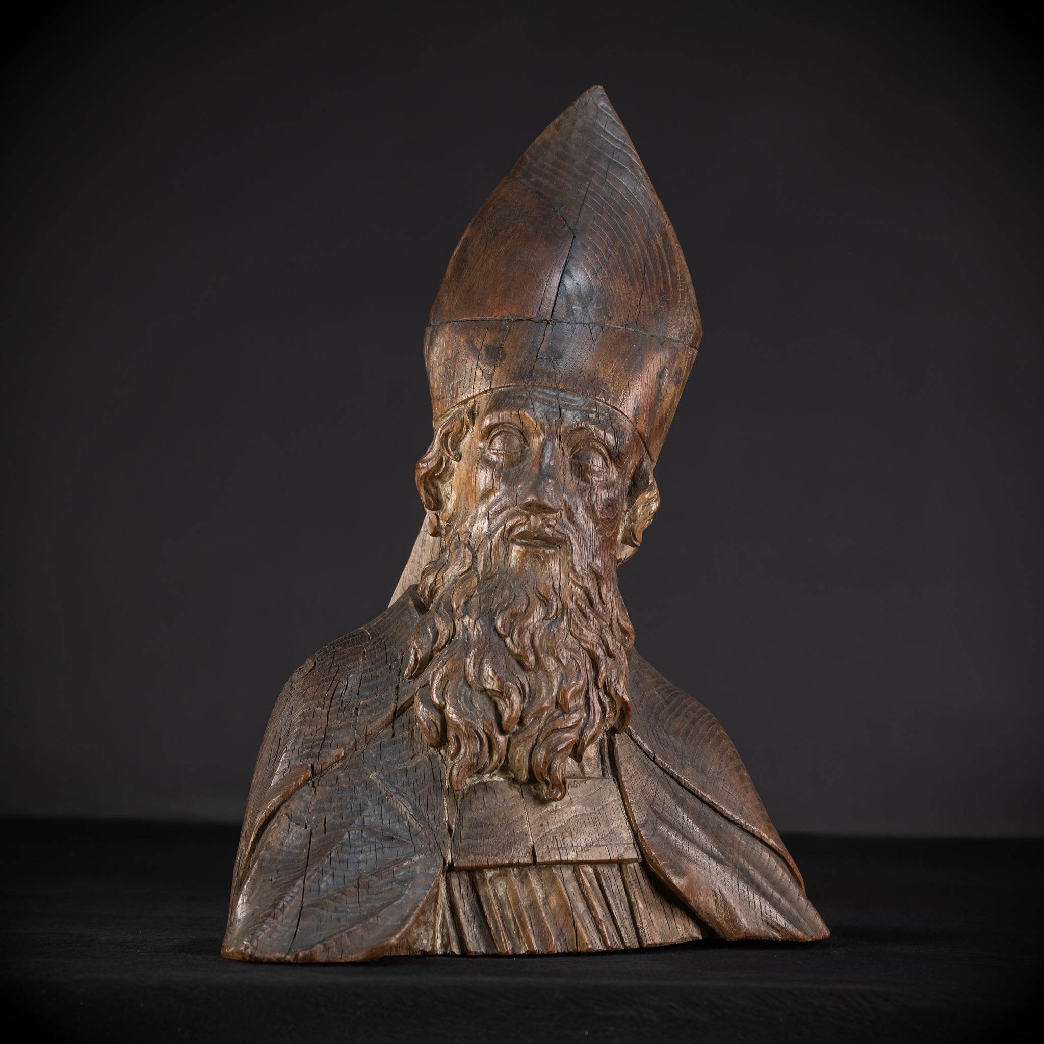 Saint Augustine of Hippo Wooden Bust Statue | 1600s Antique | 23.6" / 60 cm
