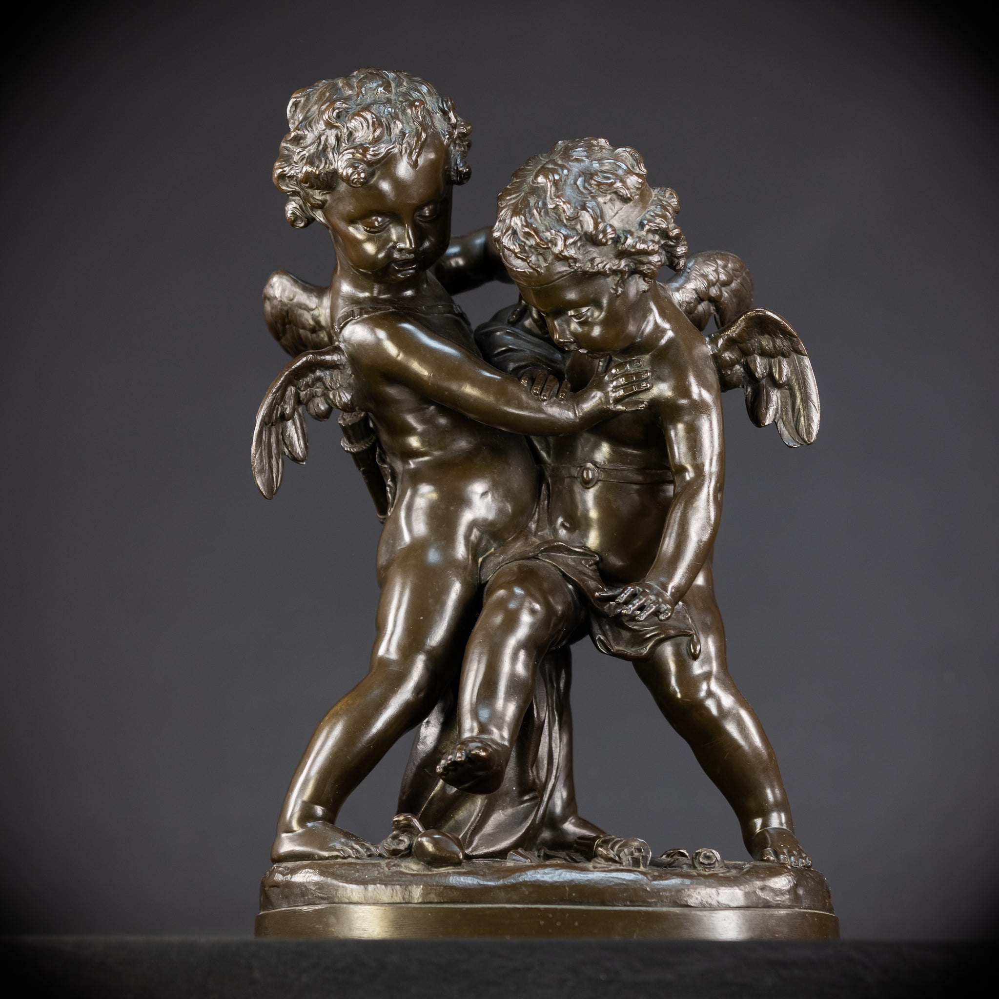 Bronze Sculpture Cupid Fighting Over Heart | Etienne-Maurice Falconet | 1800s Antique | 18.3"