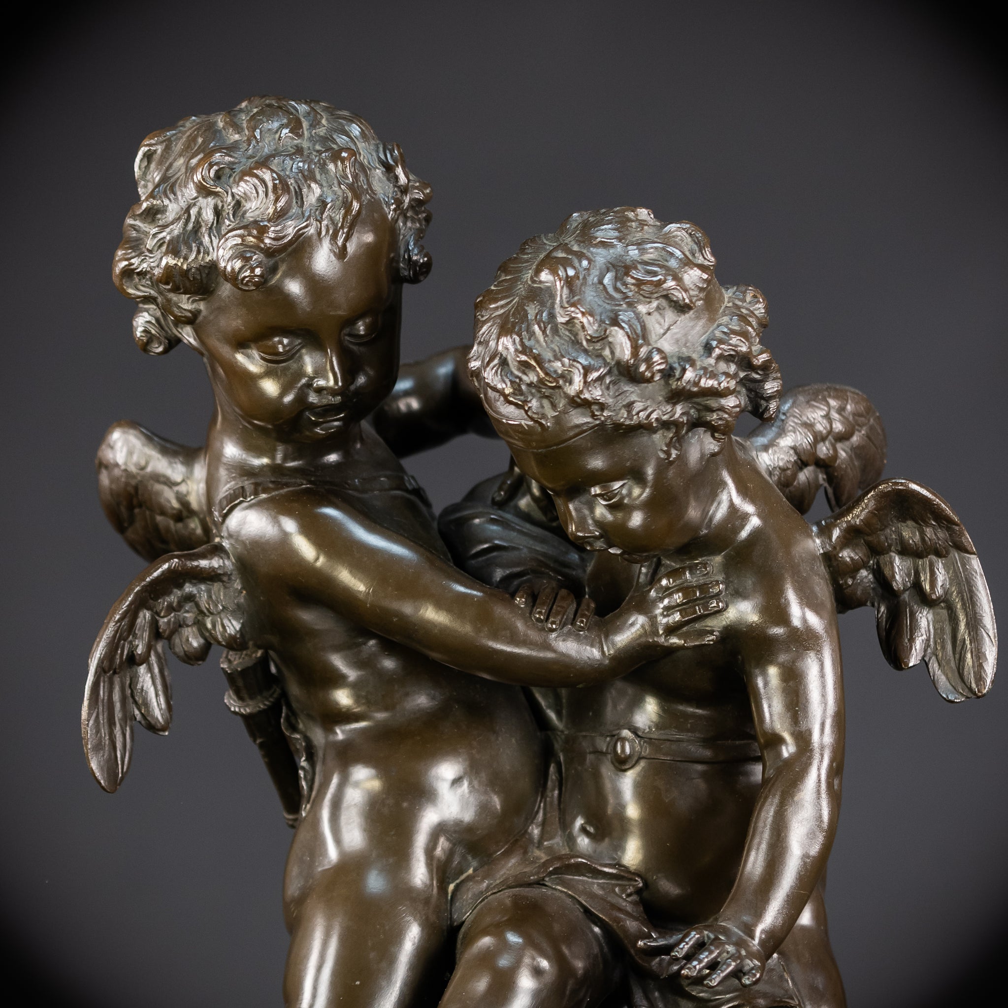 Bronze Sculpture Cupid Fighting Over Heart | Etienne-Maurice Falconet | 1800s Antique | 18.3"
